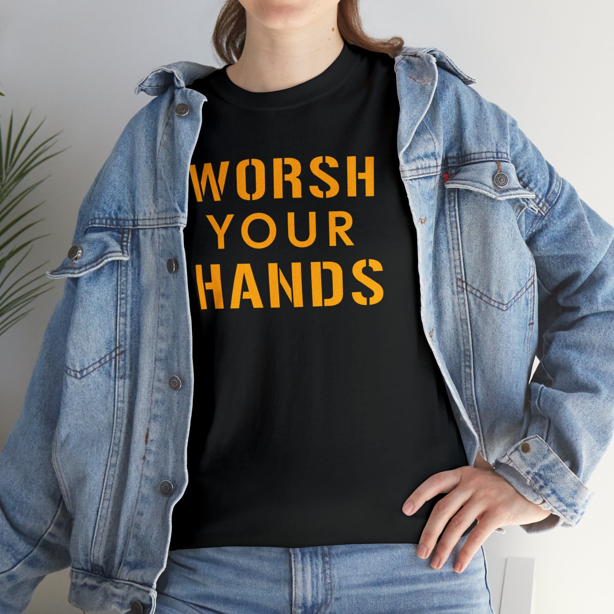 Worsh Your Hands T-Shirt Pittsburgh tee on black tee mockup view | Yinzergear