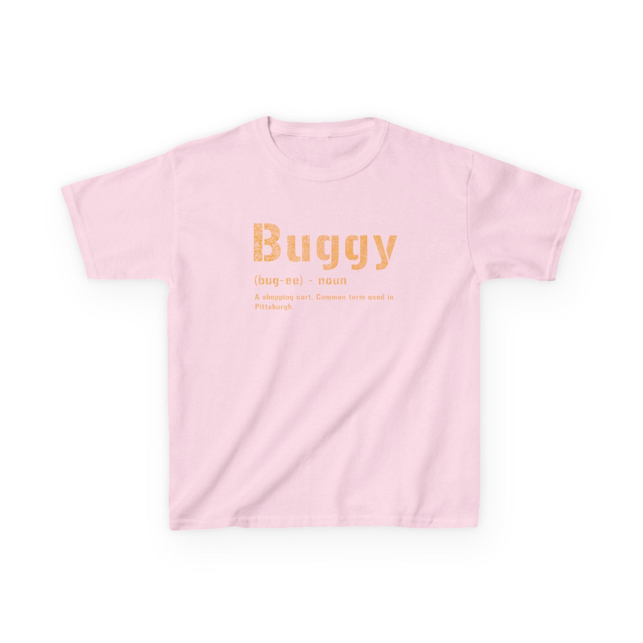 Buggy Pittsburghese kids T-shirt on pink kids shirt | Yinzergear