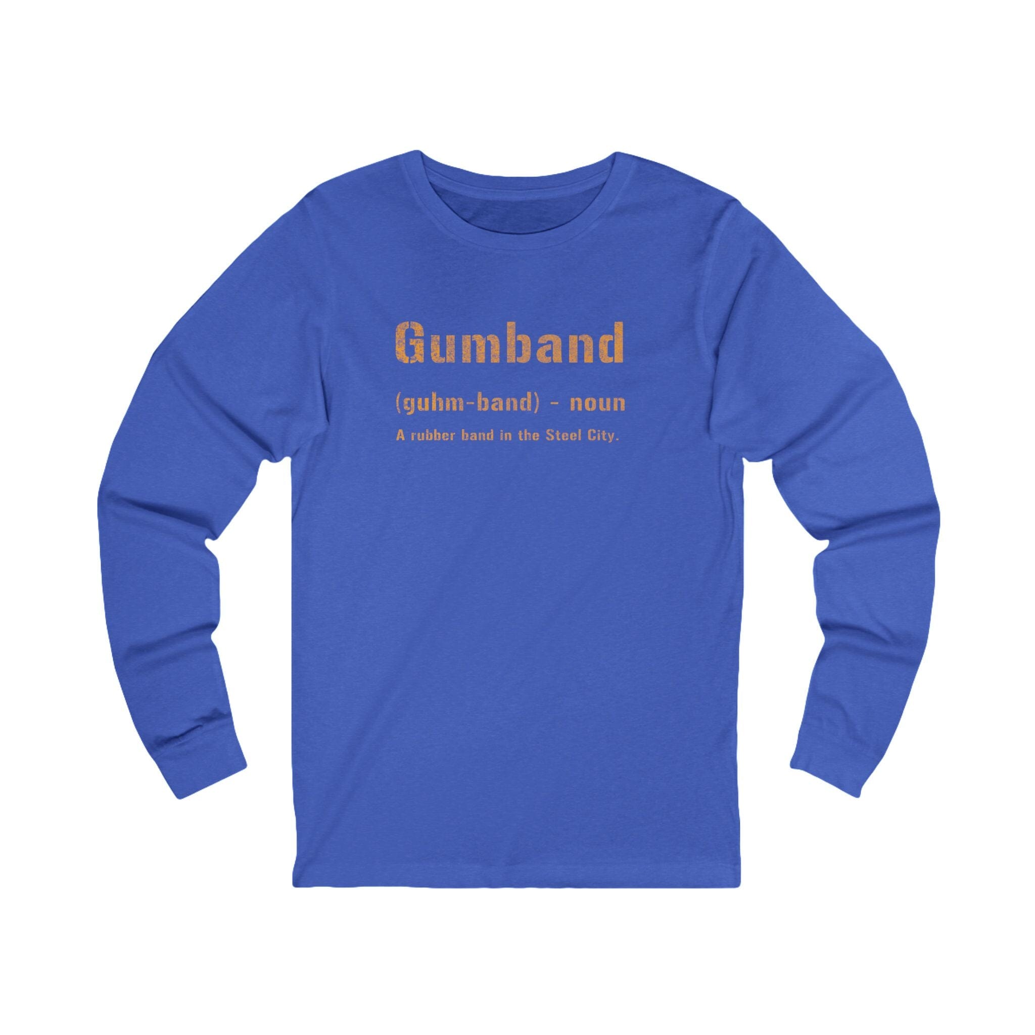 Gumband Pittsburghese definition long sleeve shirt on royal blue long sleeve shirt | Yinzergear