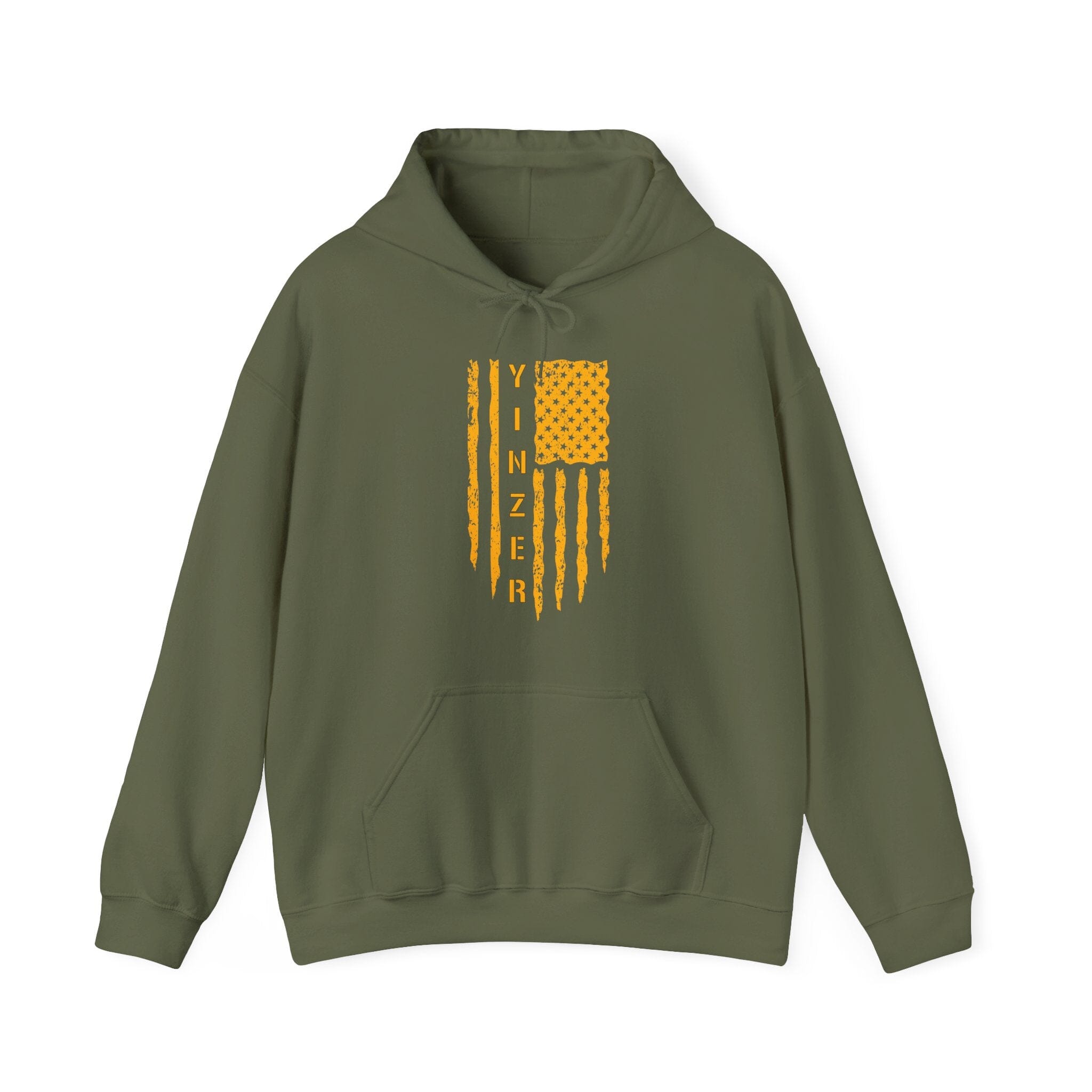 Yinzer Flag Hoodie Pittsburgh hoodie on military green hoodie | Yinzergear