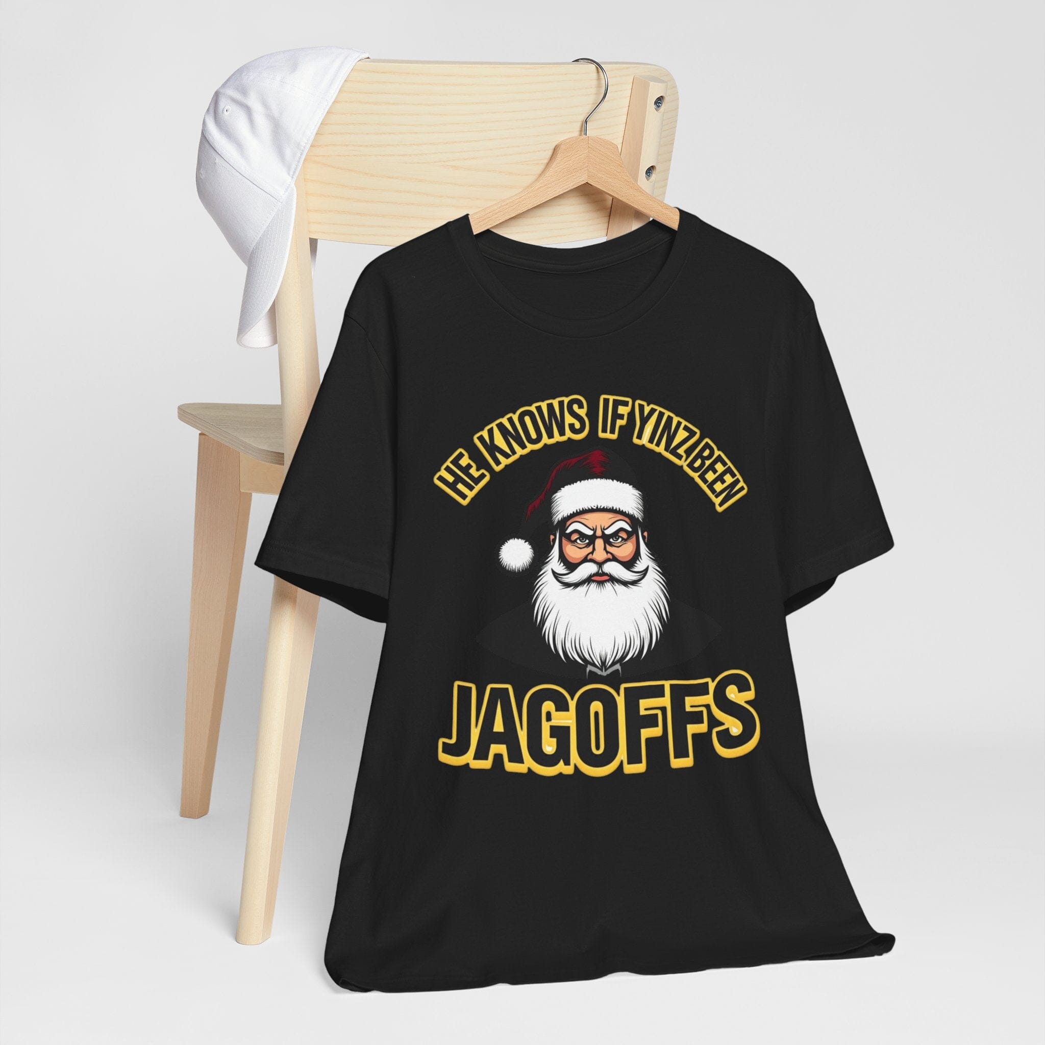 He Knows If Yinz Been Jagoffs Christmas T-Shirt Pittsburgh tee product image mockup view | Yinzergear