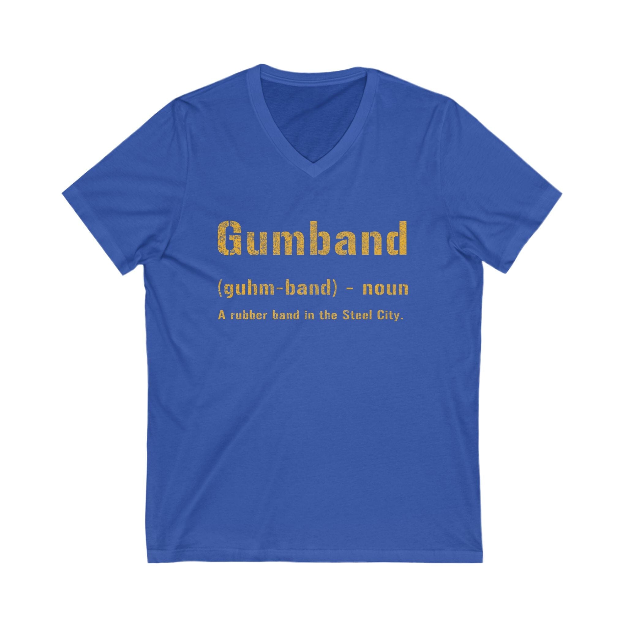 Gumband Pittsburghese V-Neck T-shirt on royal blue v-neck tee | Yinzergear