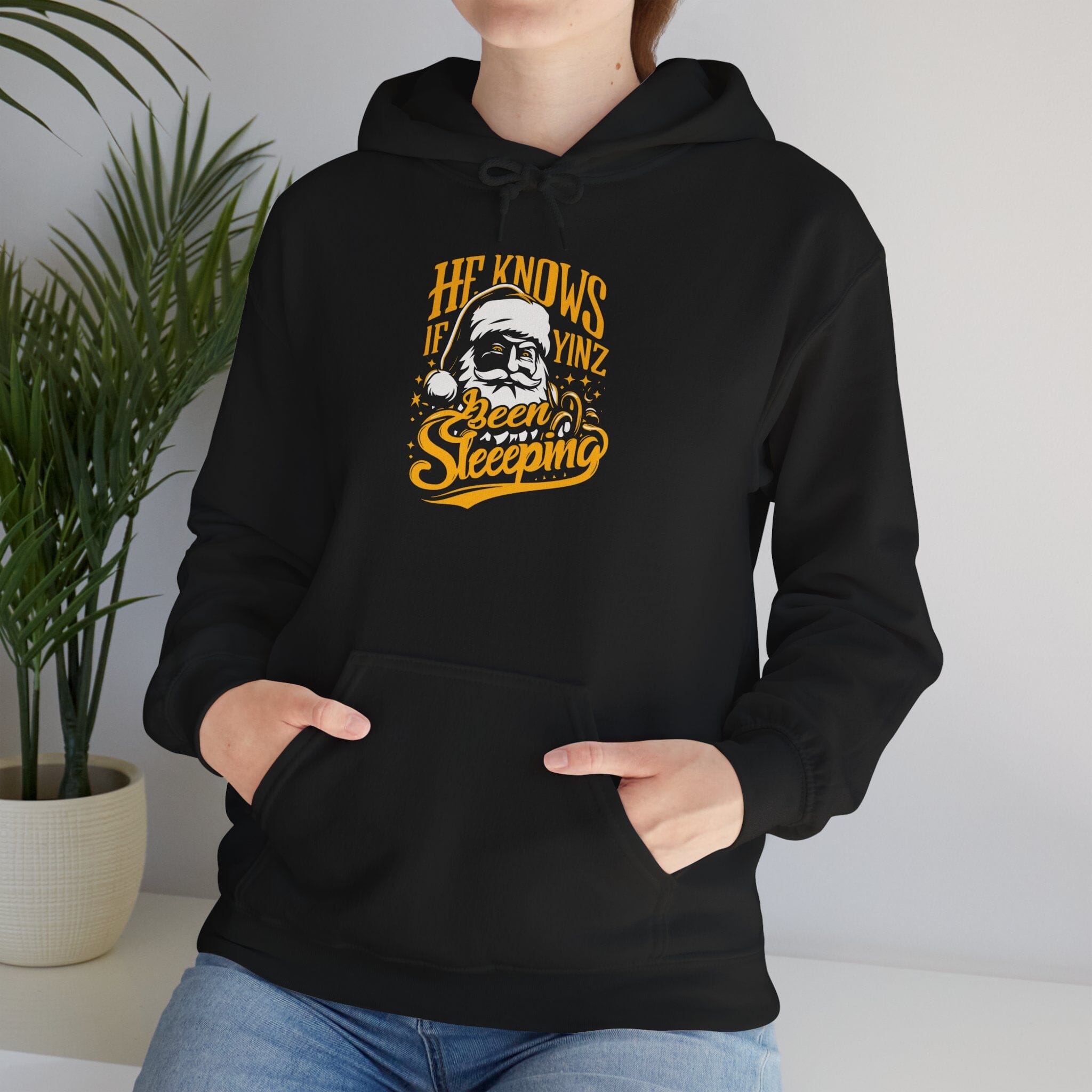 Yinzer Santa Christmas Hoodie Pittsburgh hoodie on black hoodie | Yinzergear