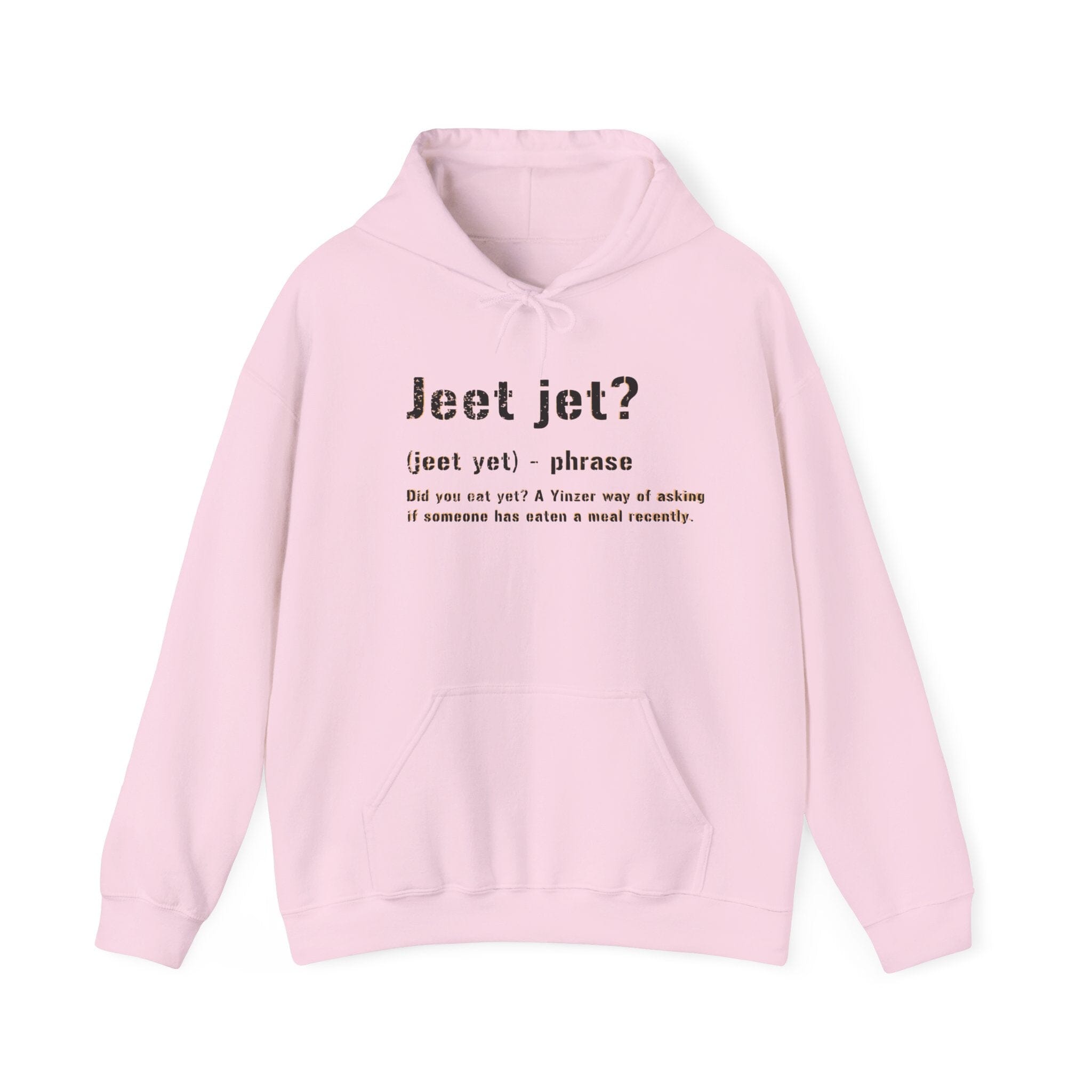 Jeet Jet Pittsburghese Hoodie on pink hoodie | Yinzergear
