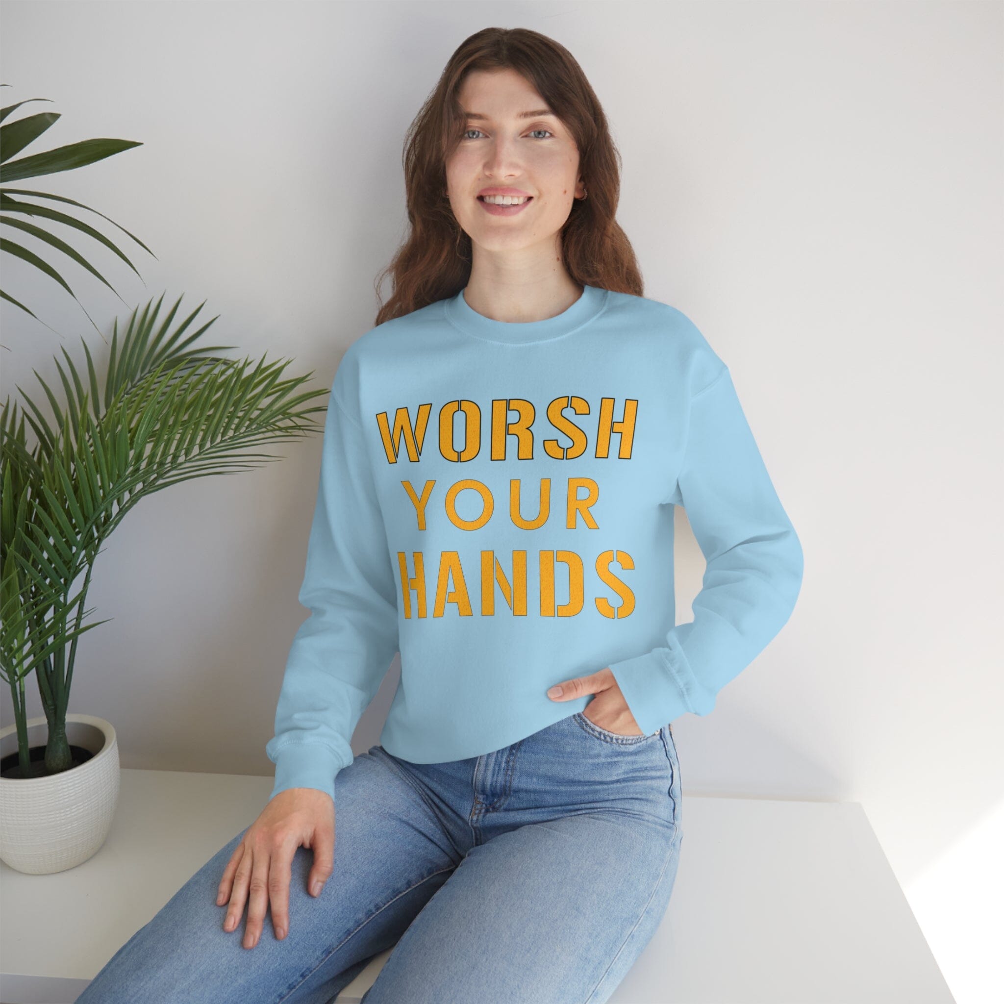 Worsh Your Hands Sweatshirt Pittsburgh sweatshirt on light blue sweatshirt | Yinzergear