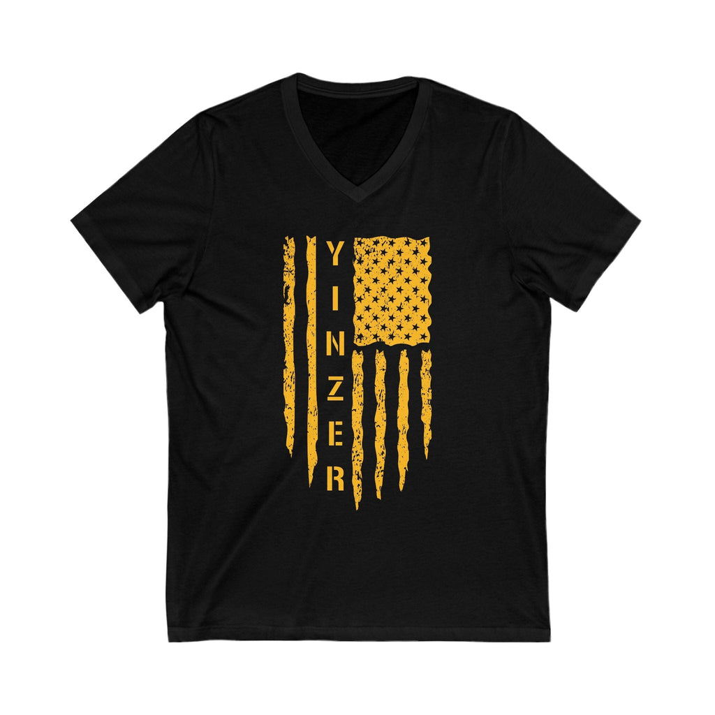 Yinzer Flag Pittsburgh V-Neck T-shirt on black v-neck tee | Yinzergear