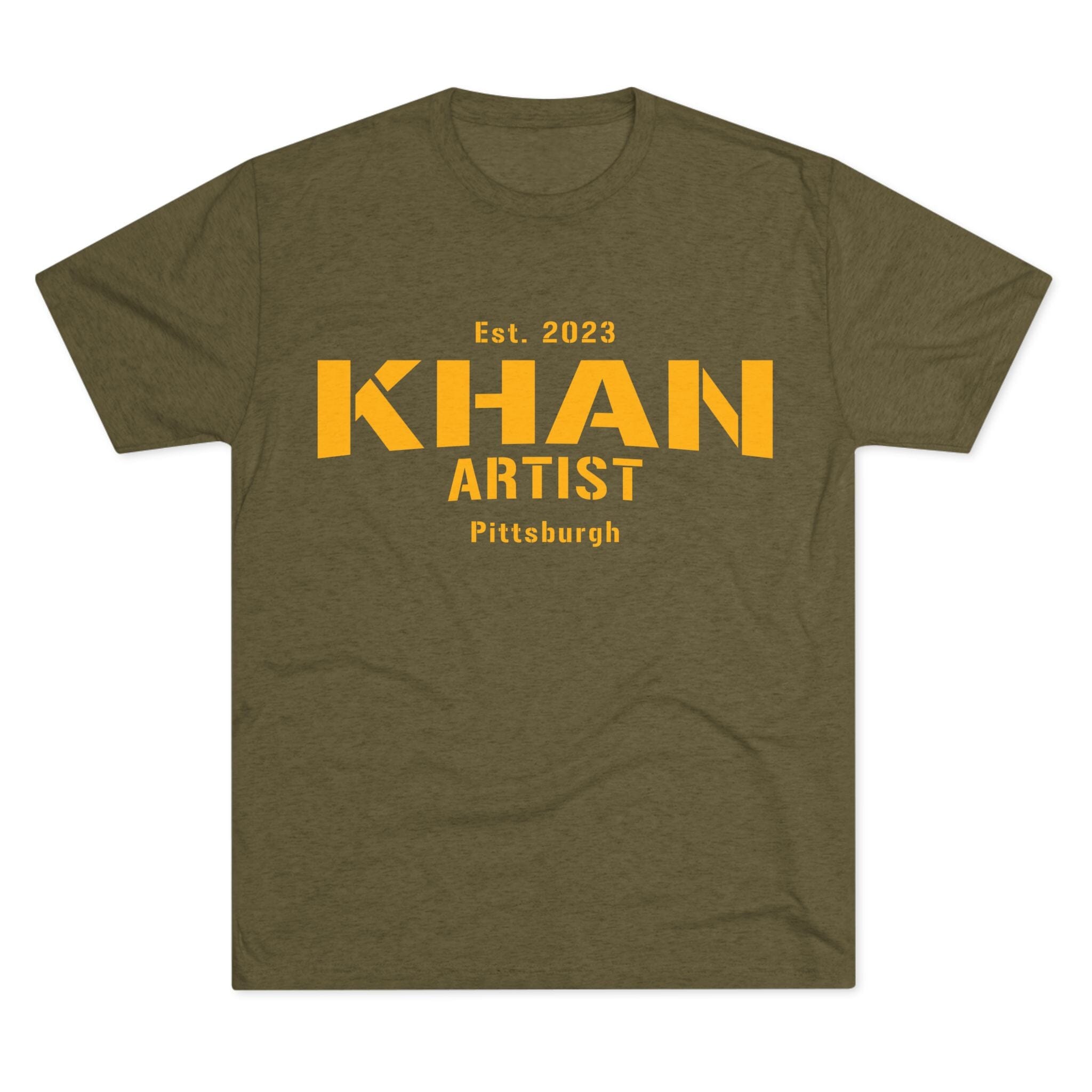 Khan Artist Steelers Tri-Blend T-shirt on military green tee | Yinzergear