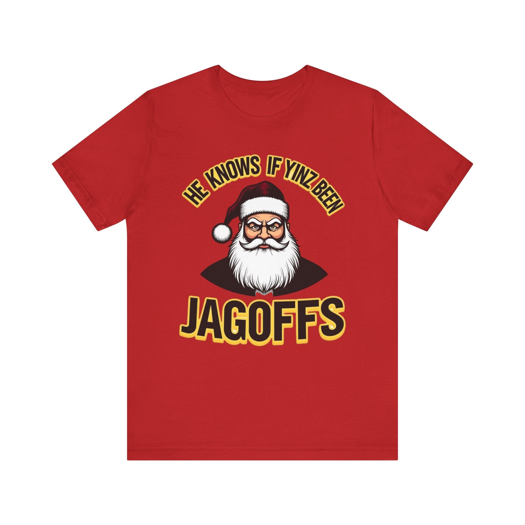 He Knows If Yinz Been Jagoffs Christmas T-Shirt Pittsburgh tee on red tee | Yinzergear
