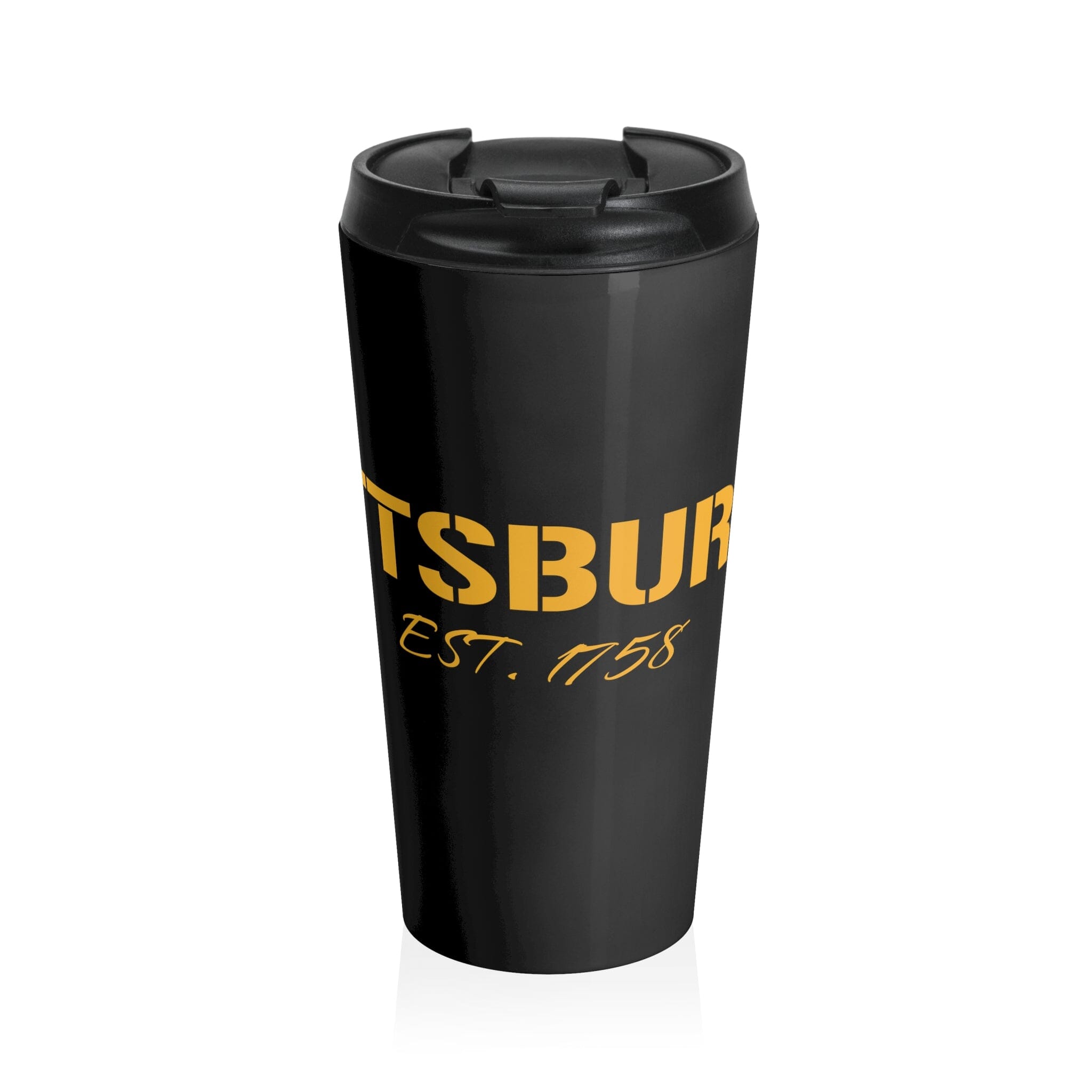 Pittsburgh 1758 Stainless Steel Travel Mug front view | Yinzergear