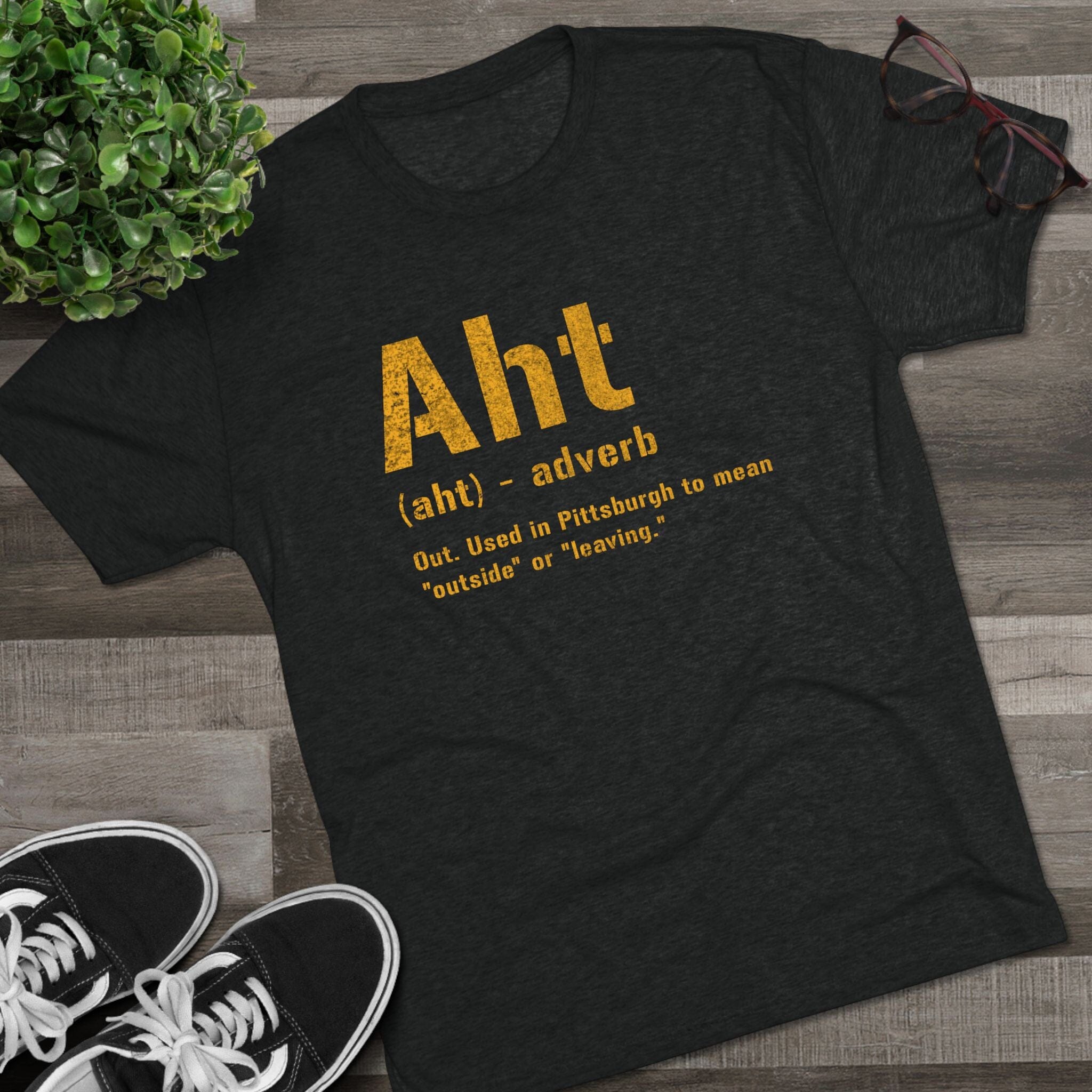 Aht Pittsburghese definition tri-blend tee on black tri-blend tee mockup view | Yinzergear