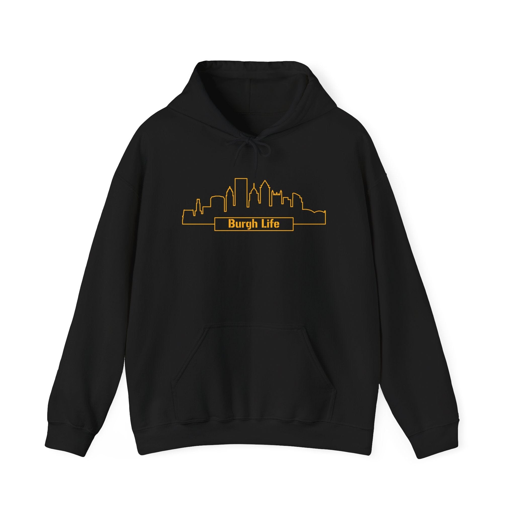 Burgh Life Pittsburgh Skyline Hoodie on black hoodie | Yinzergear