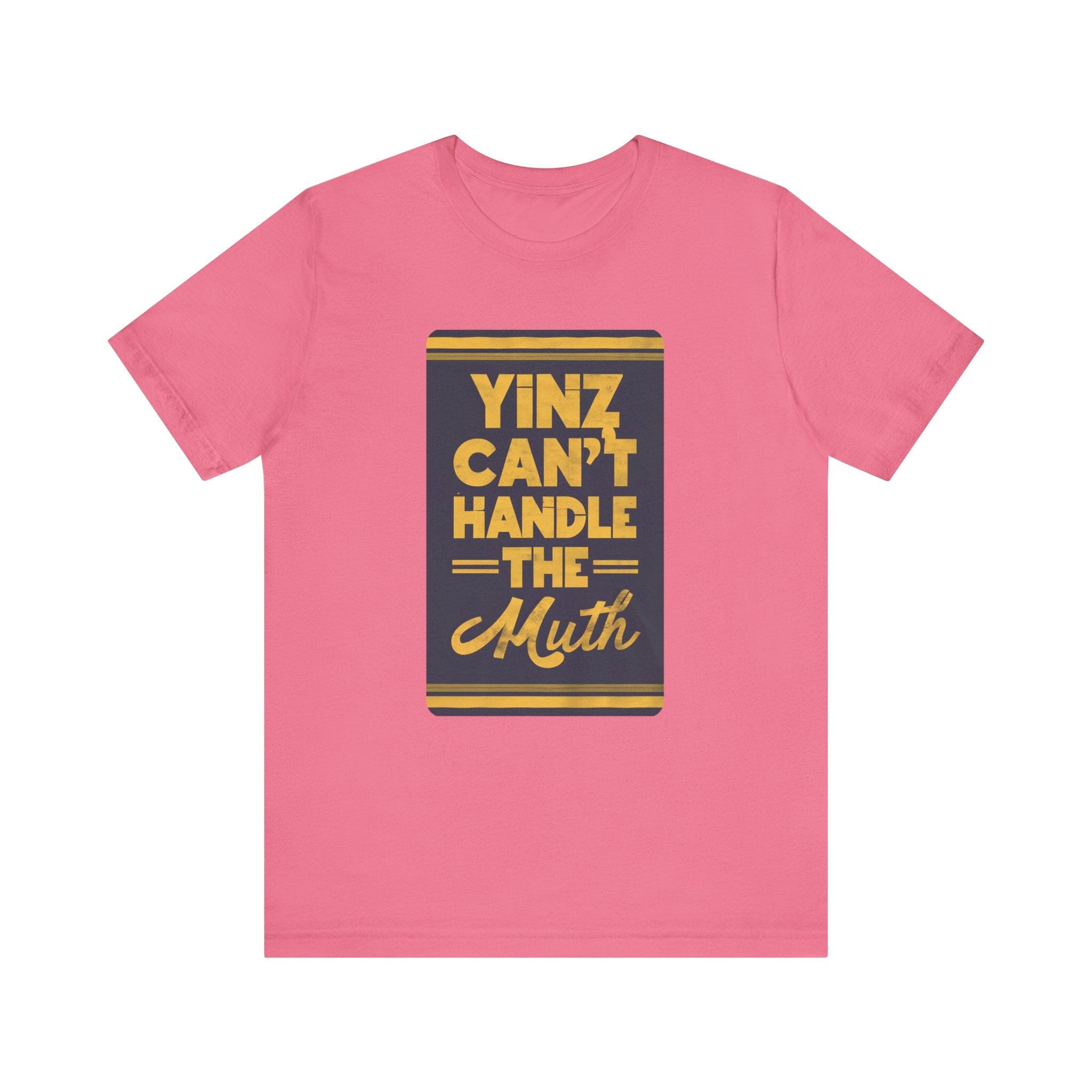 Yinz Can’t Handle the Muth Steelers football shirt on pink tee mockup view | Yinzergear
