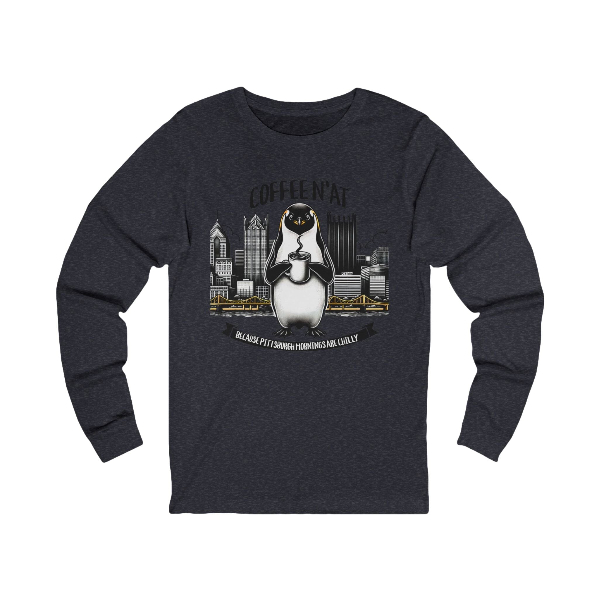 Coffee N'at Long Sleeve Shirt on heather navy long sleeve shirt | Yinzergear
