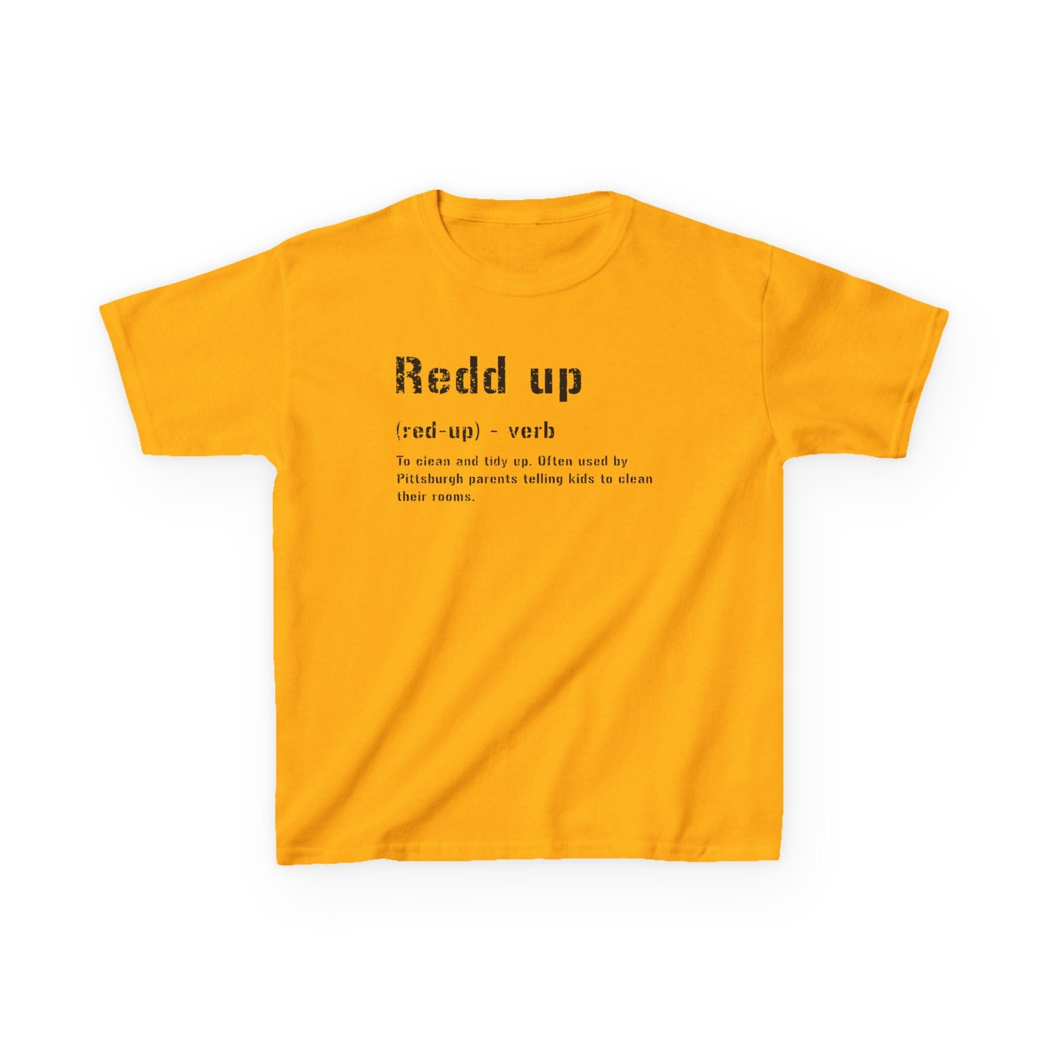 Redd Up Pittsburghese kids T-shirt on gold kids shirt | Yinzergear