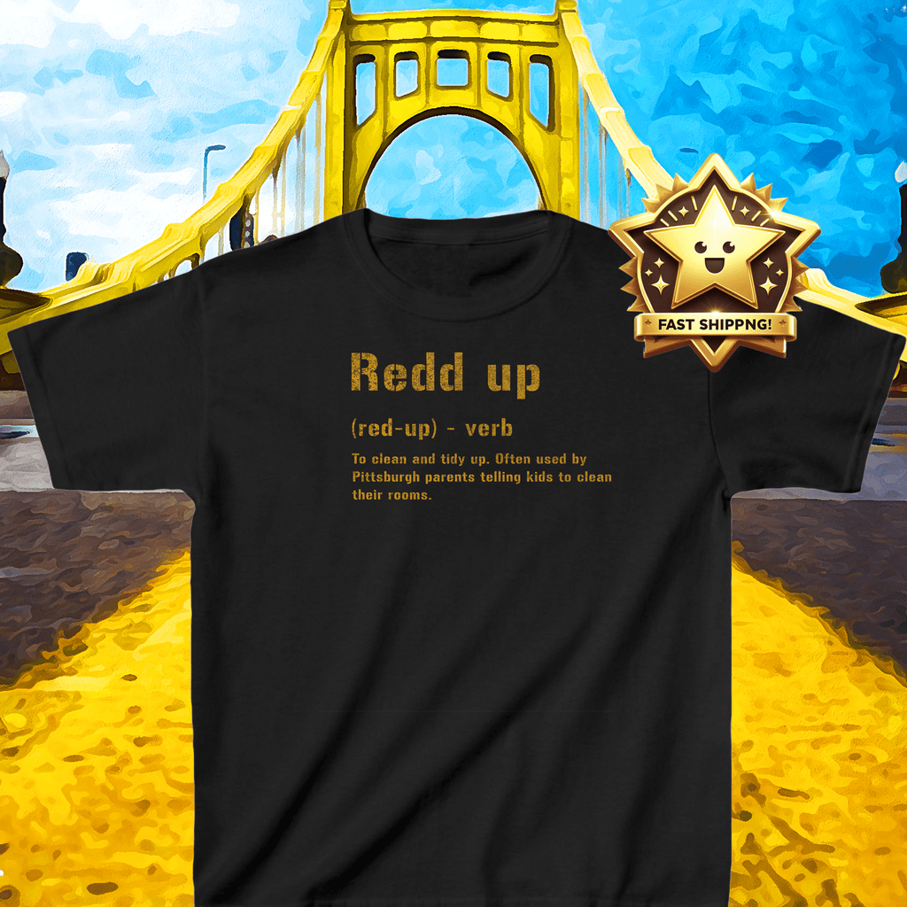 Redd Up Pittsburghese kids T-shirt on red kids shirt | Yinzergear