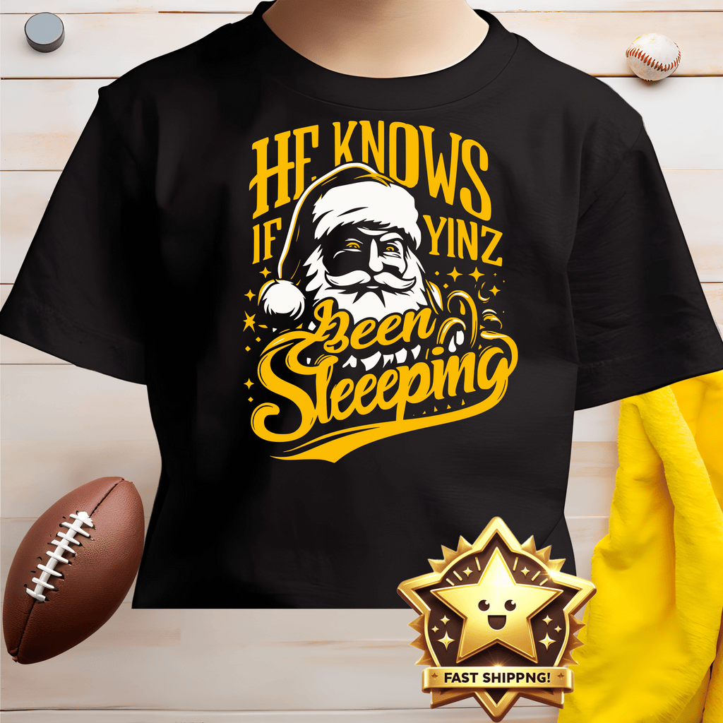 He Knows If Yinz Been Sleeping Kids Christmas T-Shirt product image | Yinzergear