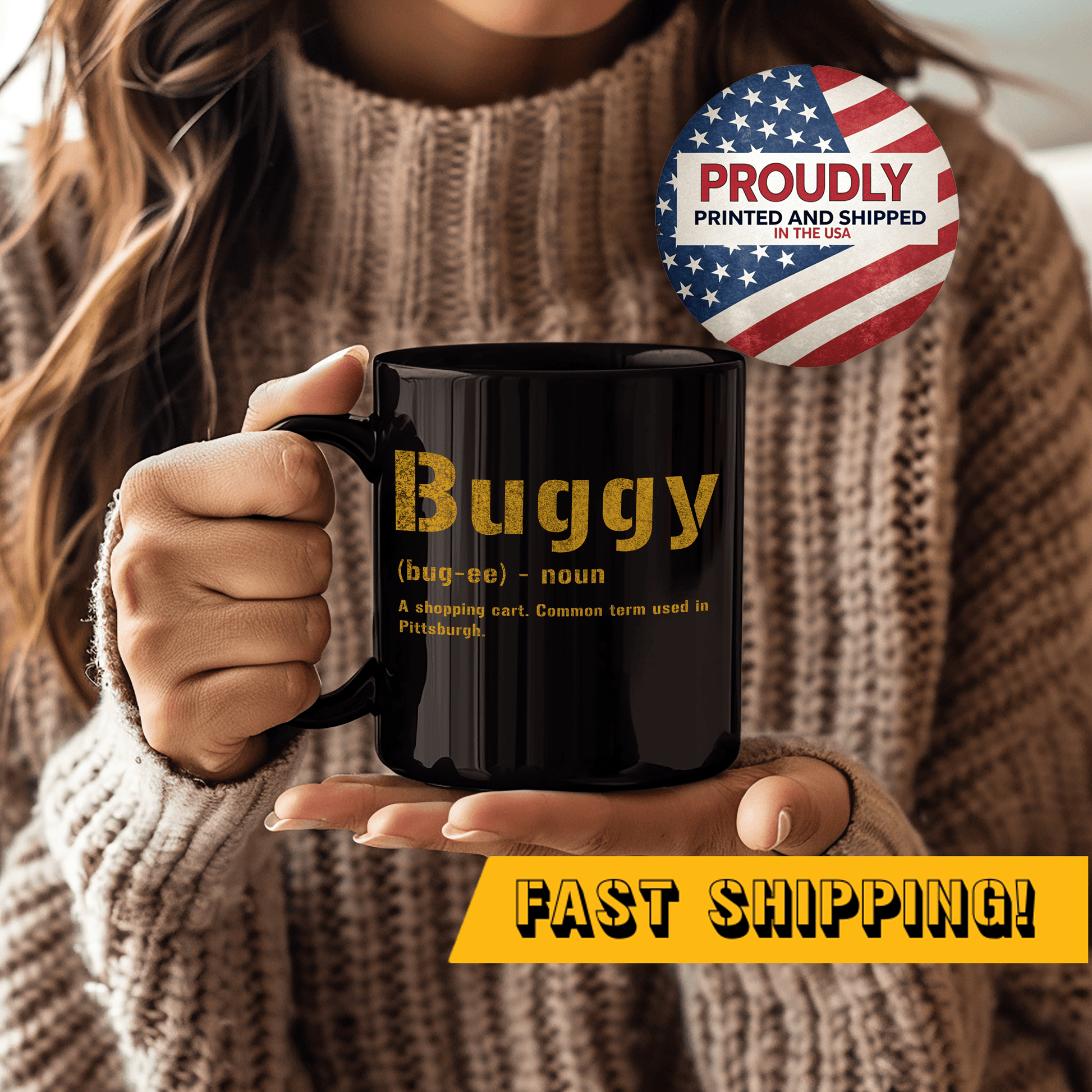 Buggy Pittsburghese Definition Coffee Mug – Black & Gold 11oz & 15oz Yinzer Mug | Funny Steel City Gift Mug Printify 