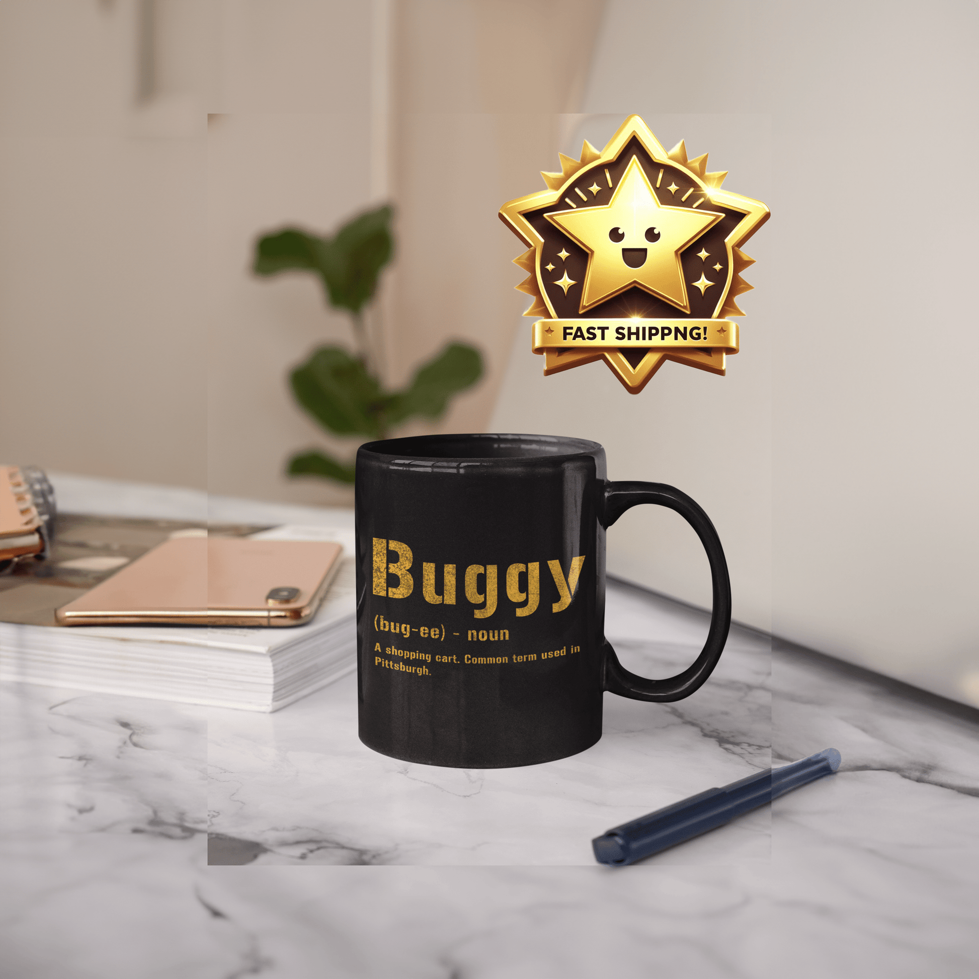 Buggy Pittsburghese Definition Coffee Mug – Black & Gold 11oz & 15oz Yinzer Mug | Funny Steel City Gift Mug Printify 