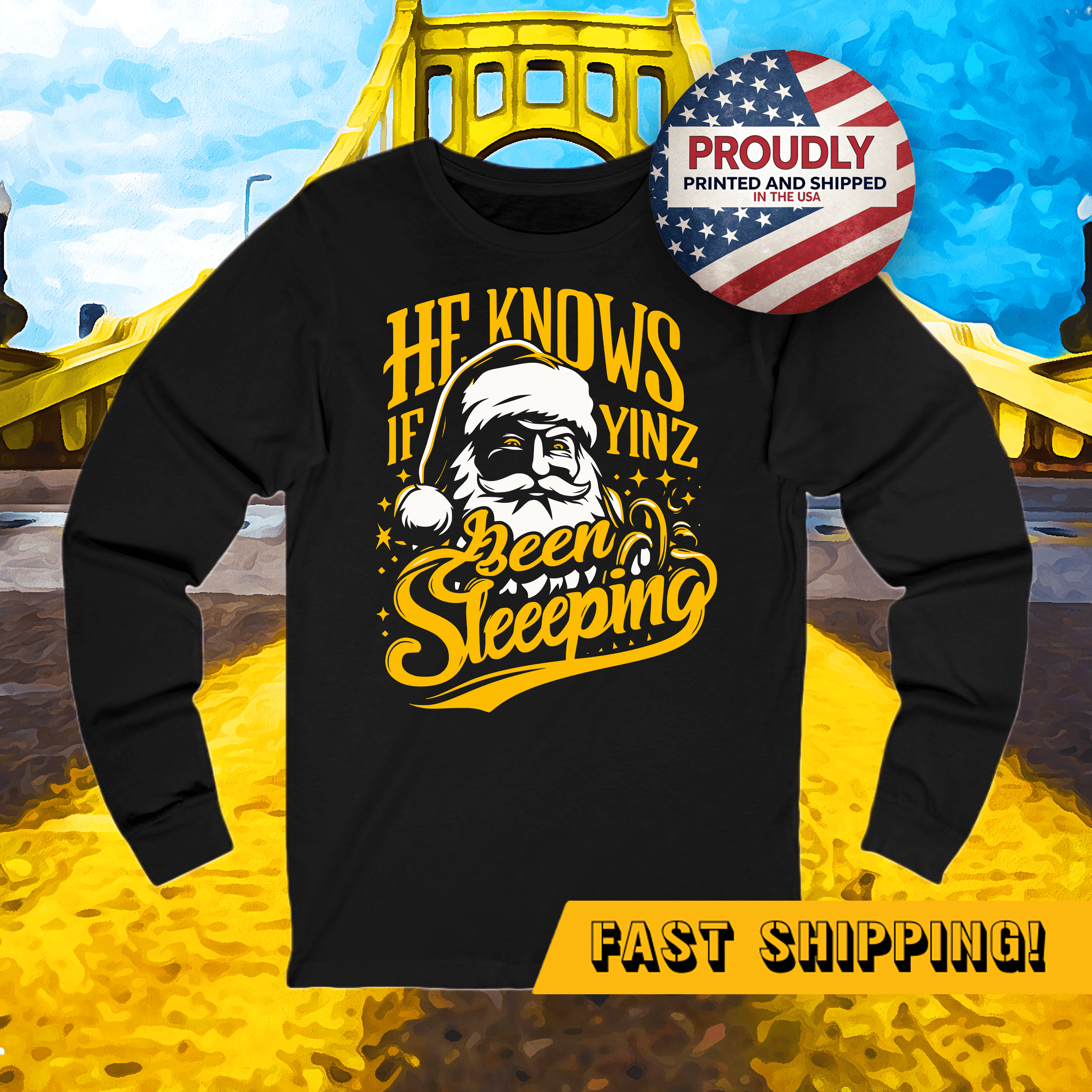 Yinzer Santa Christmas Long Sleeve Shirt Pittsburgh long sleeve shirt product image | Yinzergear