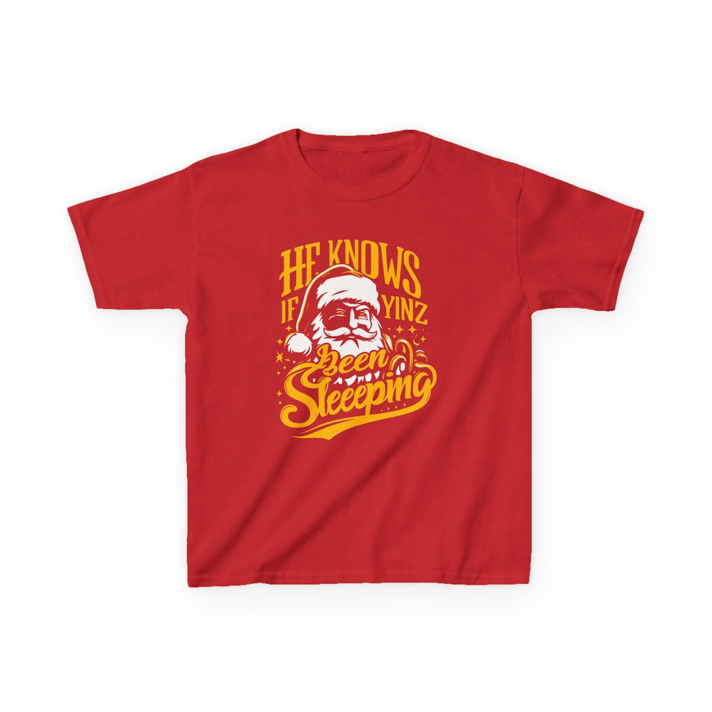 He Knows If Yinz Been Sleeping Kids Christmas T-Shirt on red kids shirt | Yinzergear