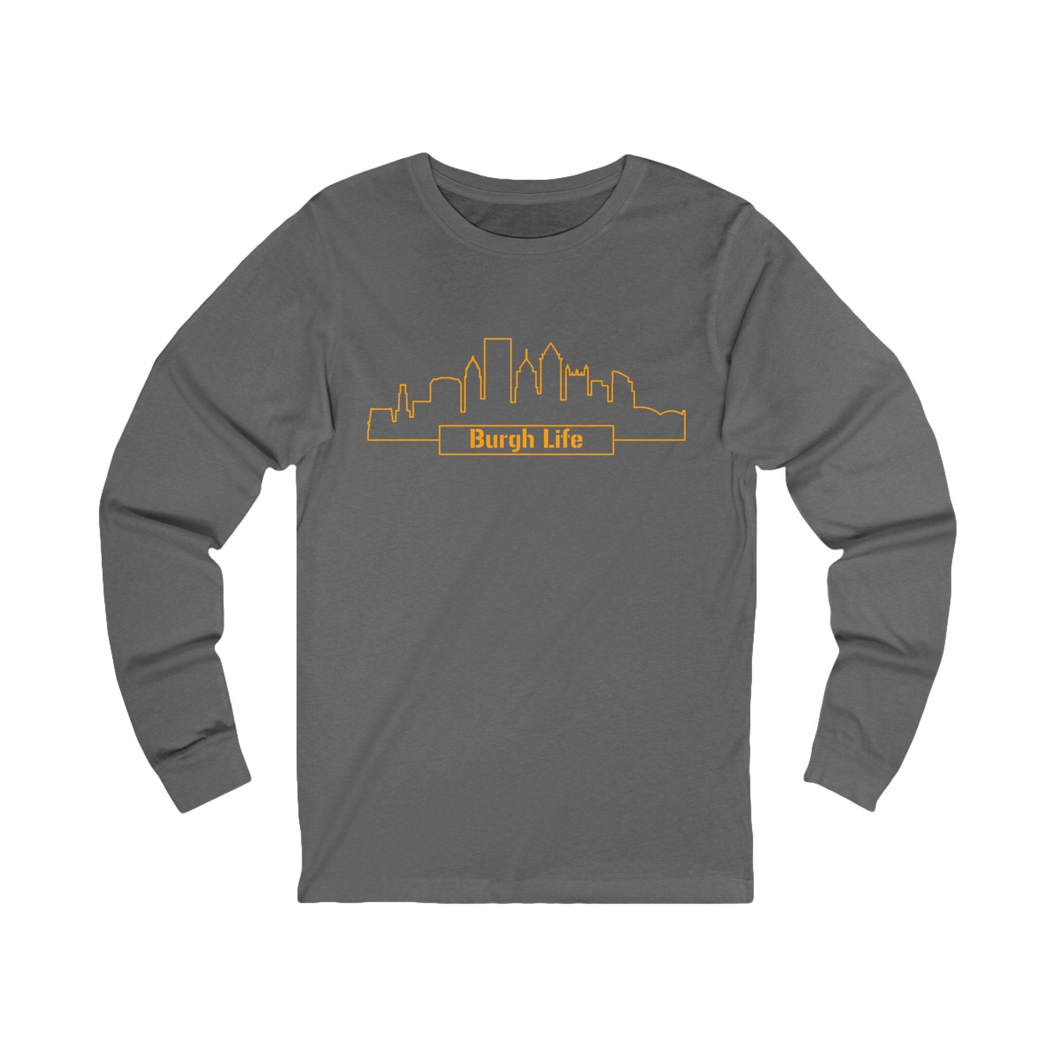 Burgh Life Long Sleeve Shirt on grey long sleeve shirt mockup view | Yinzergear