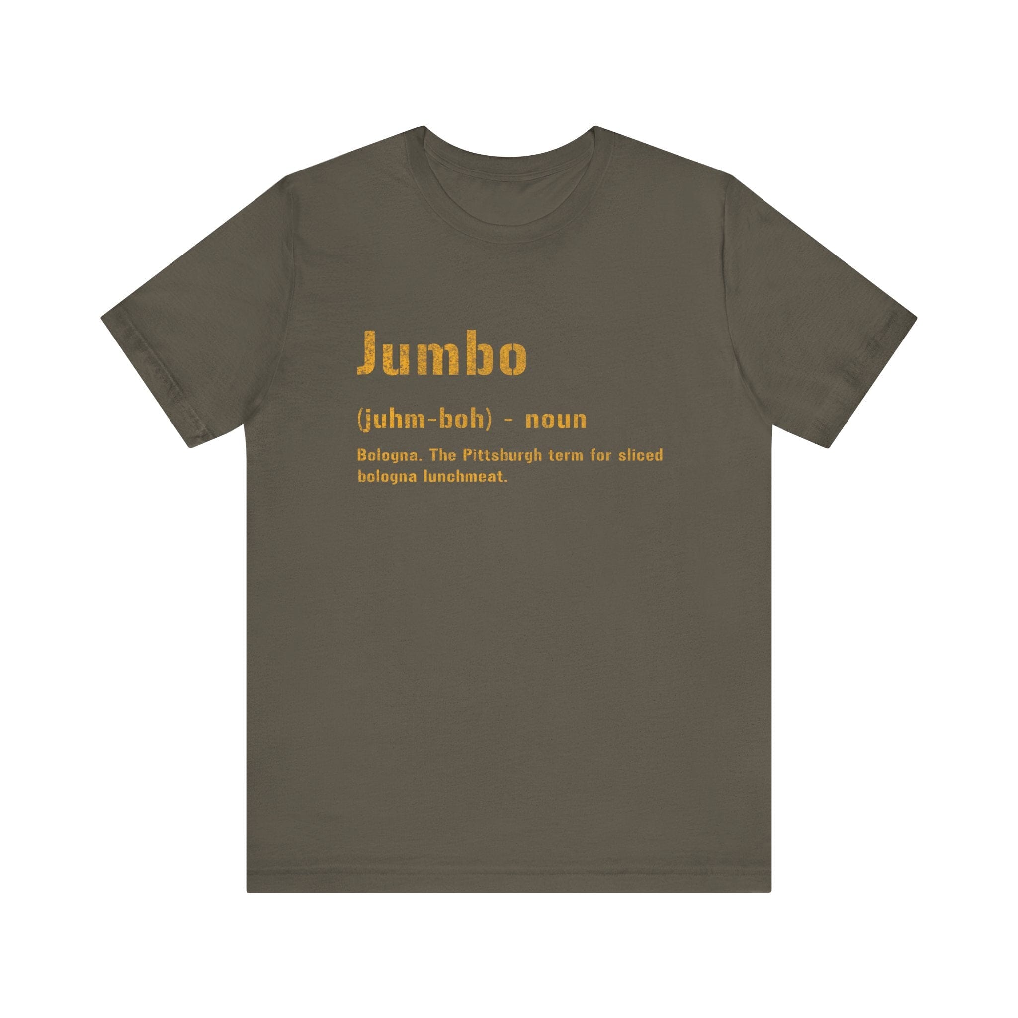 Jumbo Pittsburghese definition tee on army green tee | Yinzergear