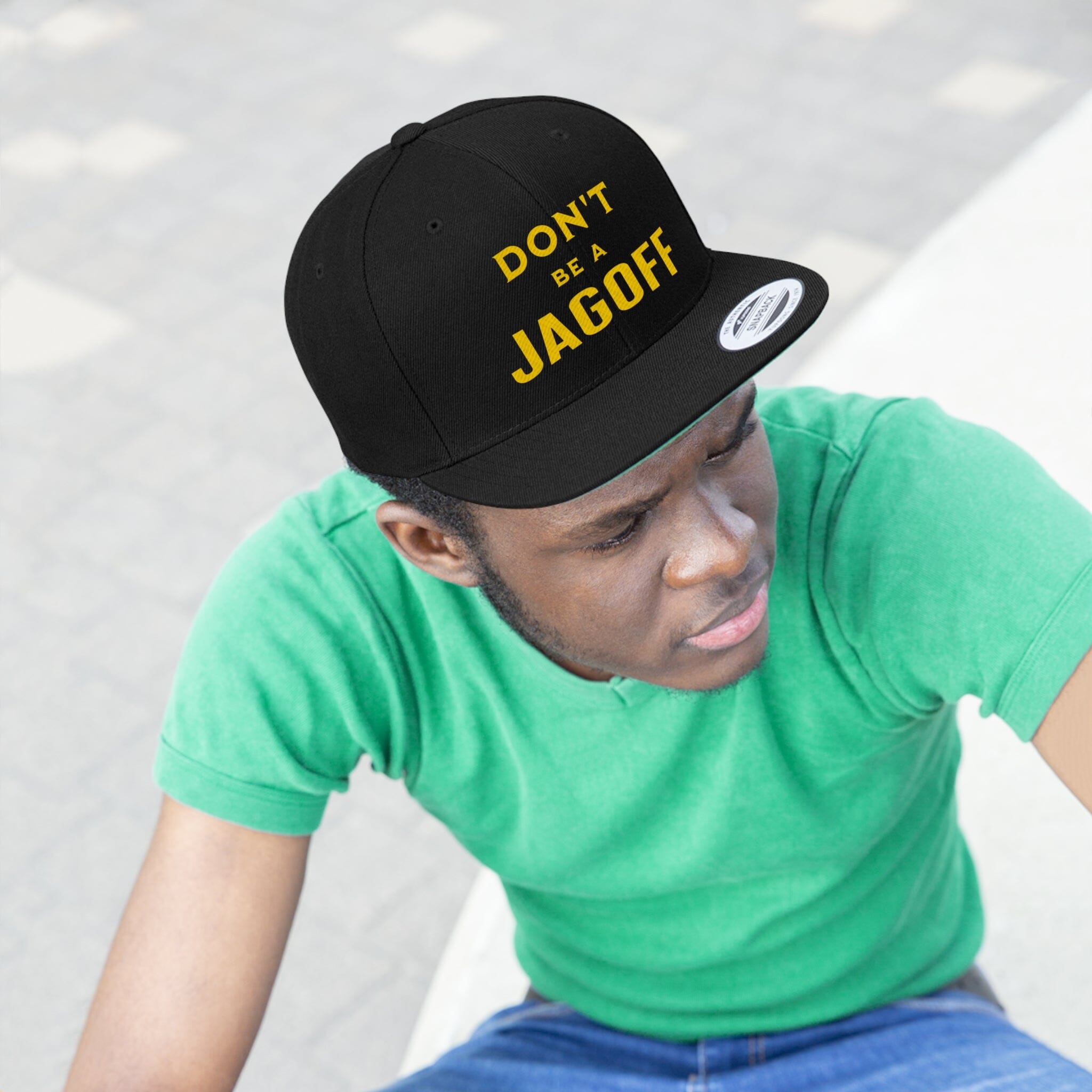 Don't Be a Jagoff flat bill hat Pittsburgh hat in black mockup view | Yinzergear