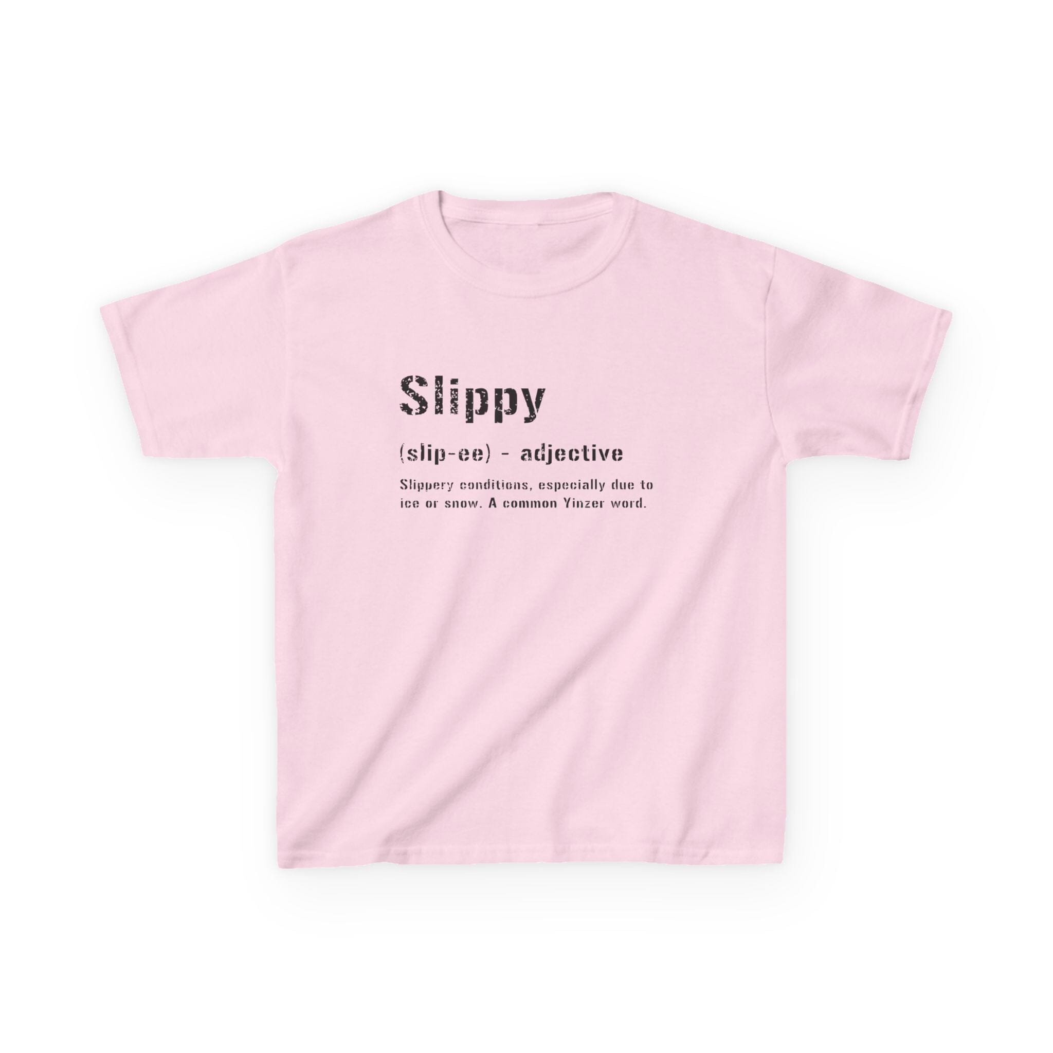 Slippy Pittsburghese Kids T-shirt on pink tee | Yinzergear