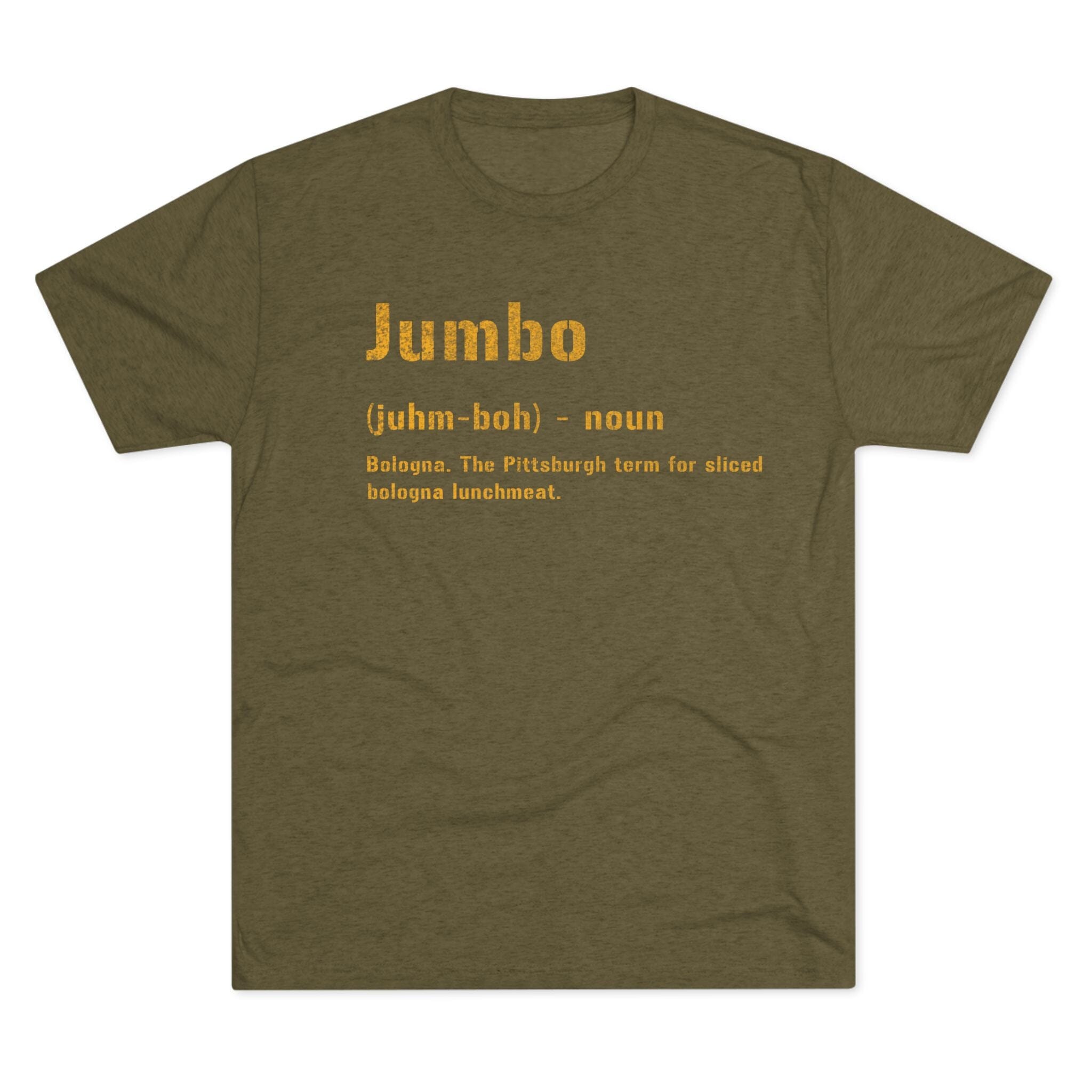 Jumbo Pittsburghese definition tee on military green tee | Yinzergear