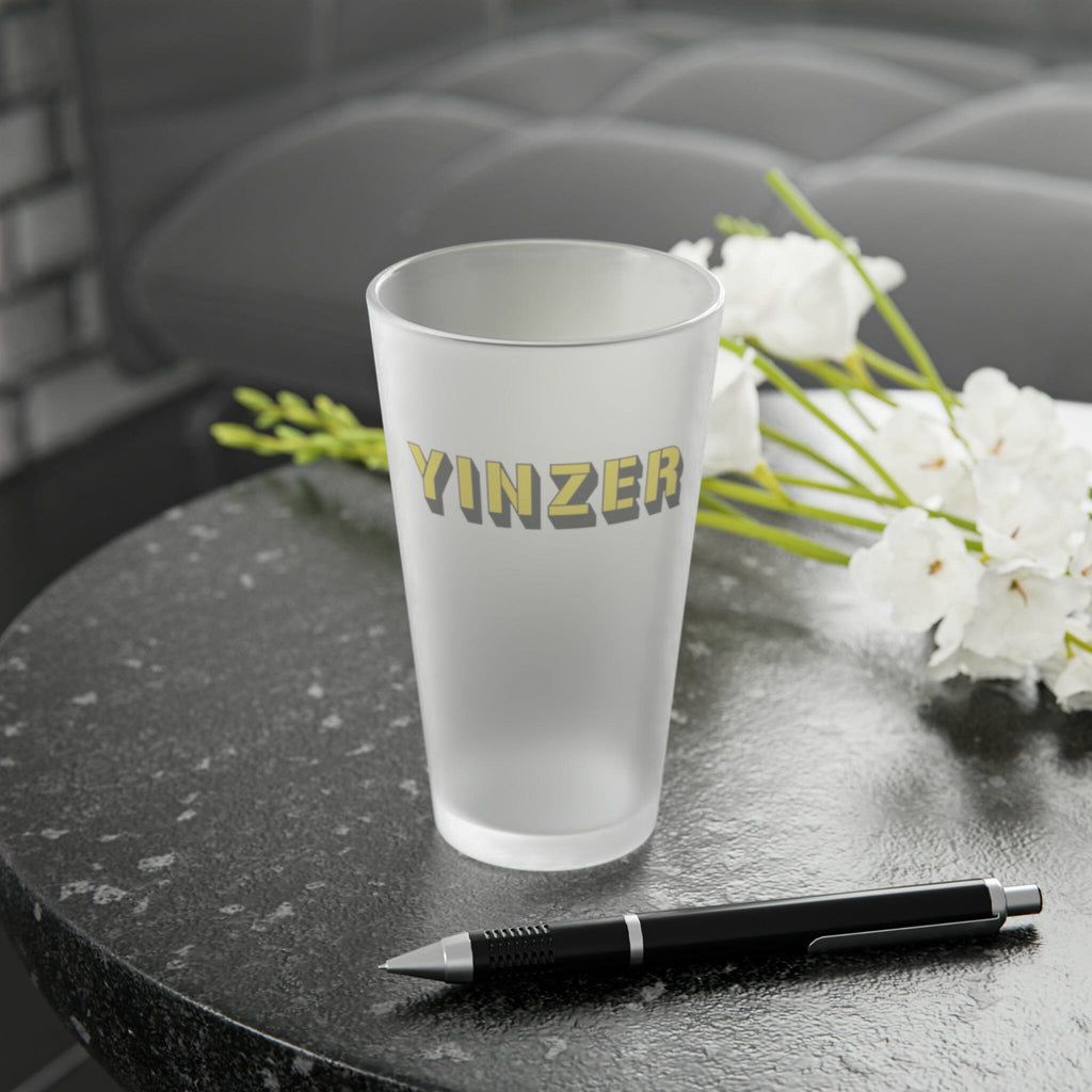 Yinzer Frosted Pint Glass Pittsburgh tumbler front view mockup view | Yinzergear