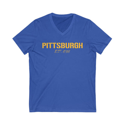 Pittsburgh Est. 1758 V-Neck Tee - Steel City Shirt V-neck Printify S True Royal 
