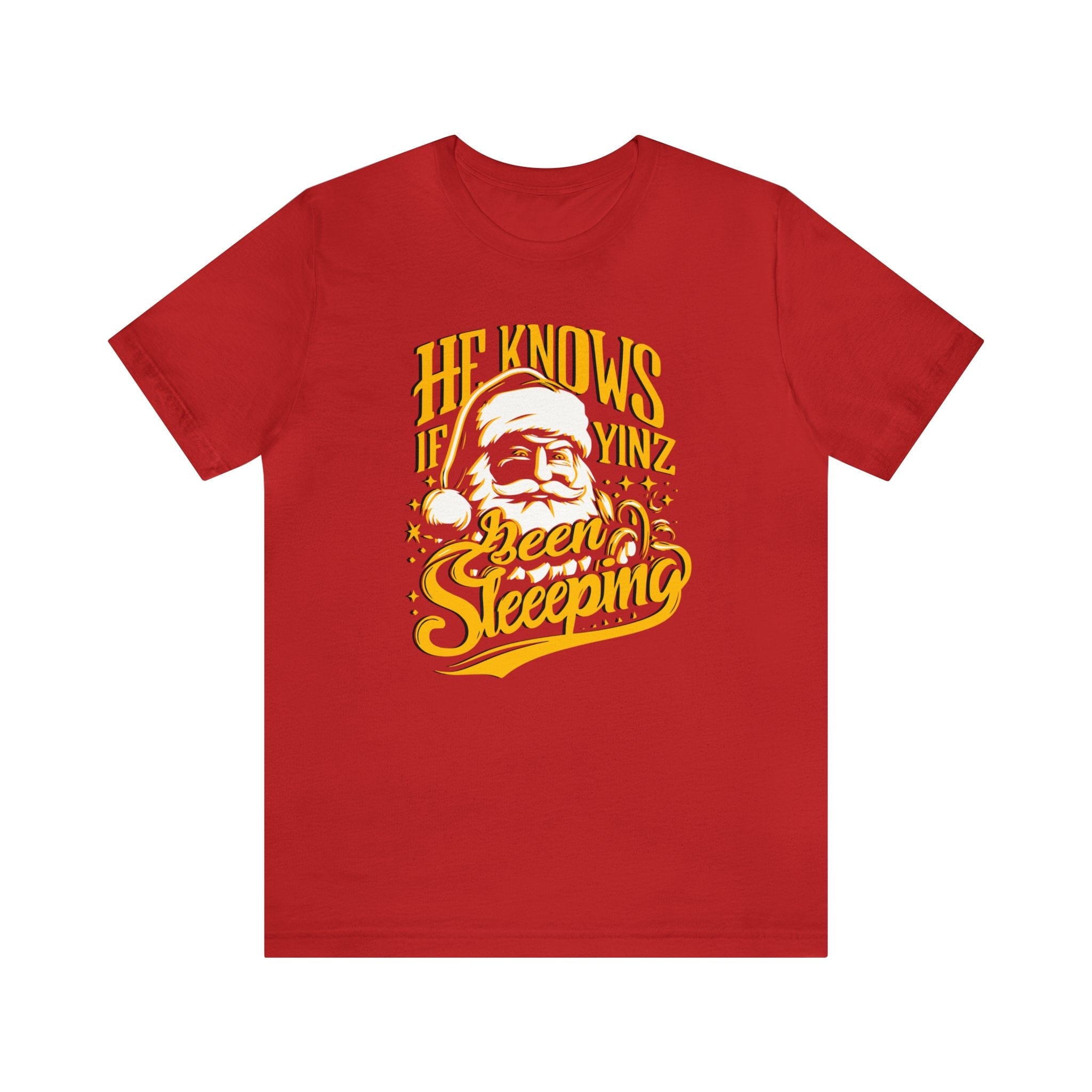 He Knows If Yinz Been Sleeping Christmas T-Shirt Pittsburgh tee on red tee | Yinzergear