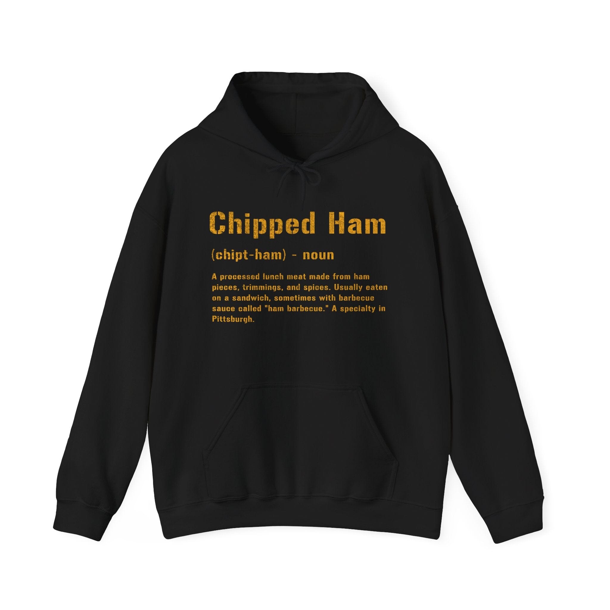 Chipped Ham Hoodie Pittsburgh hoodie on black hoodie | Yinzergear