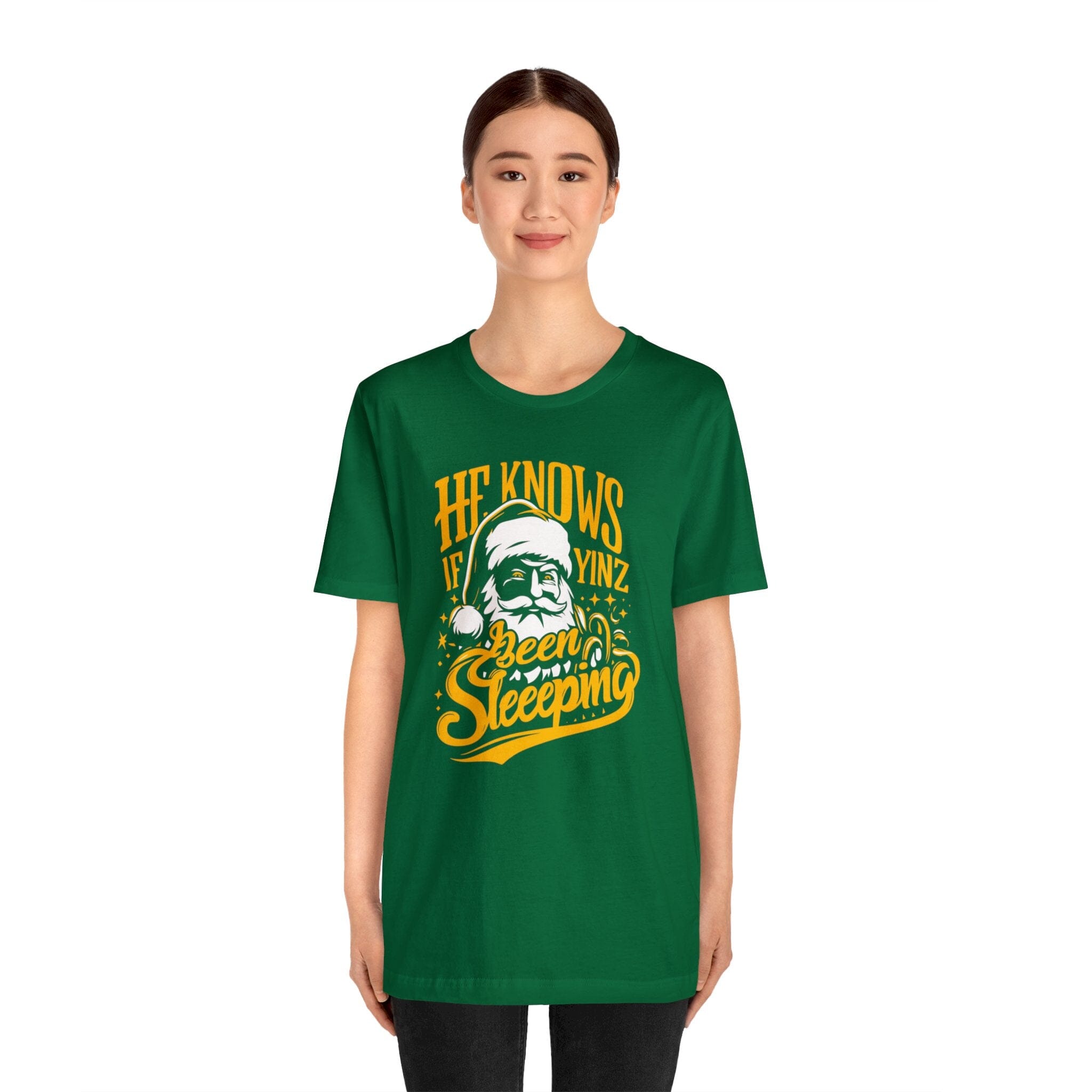 He Knows If Yinz Been Sleeping Christmas T-Shirt Pittsburgh tee product image alternate view 4 | Yinzergear