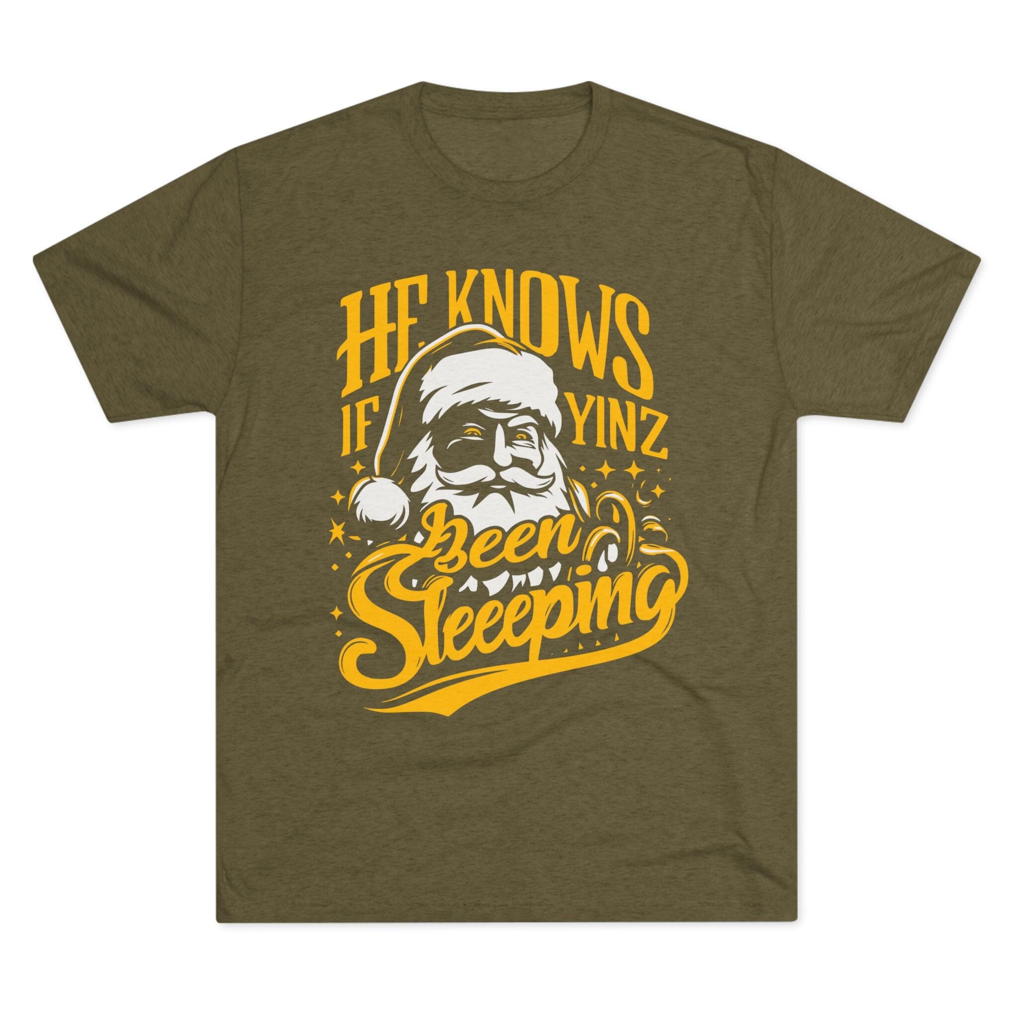 Yinzer Santa Tri-Blend Christmas T-shirt on military green tee | Yinzergear
