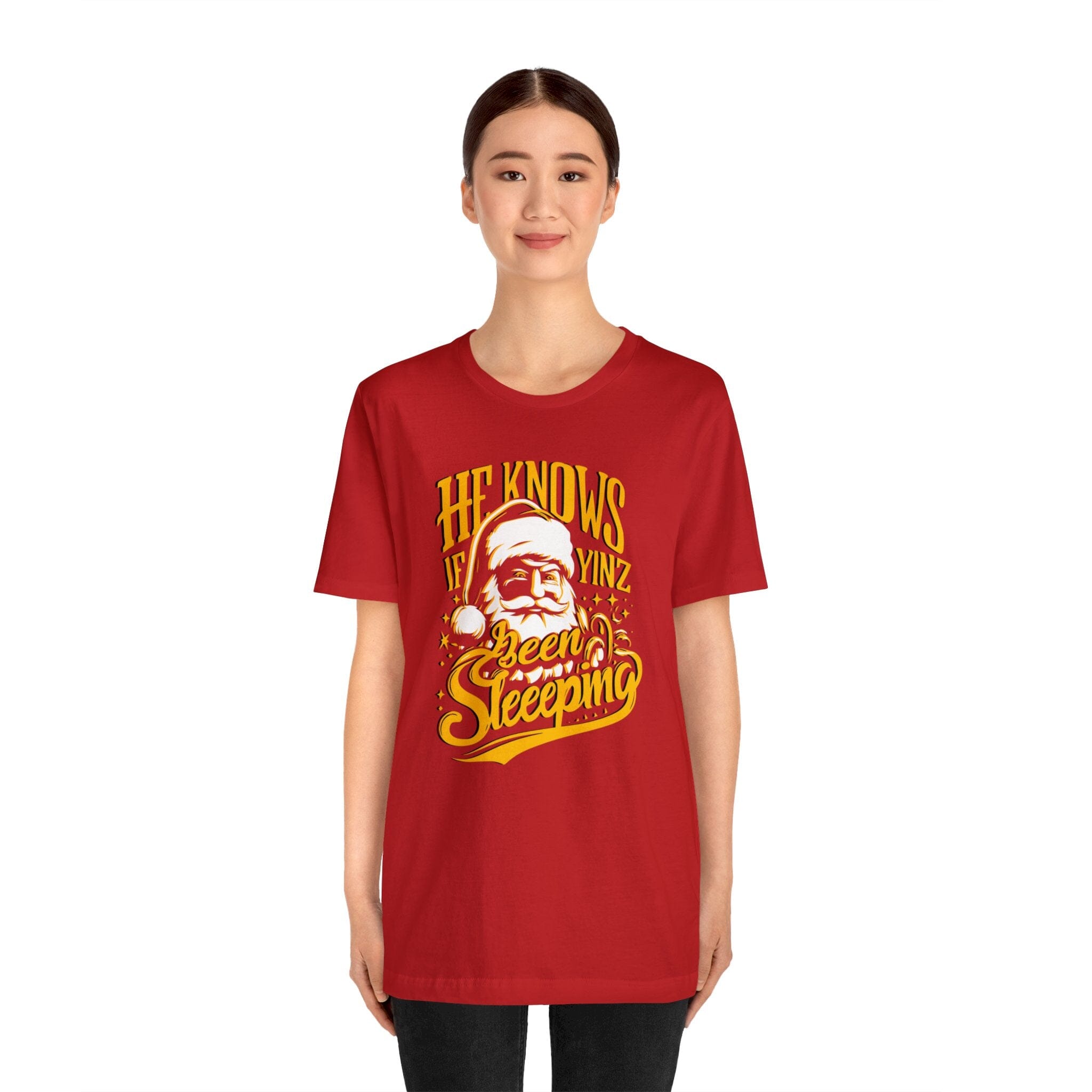 He Knows If Yinz Been Sleeping Christmas T-Shirt Pittsburgh tee product image alternate view 6 | Yinzergear