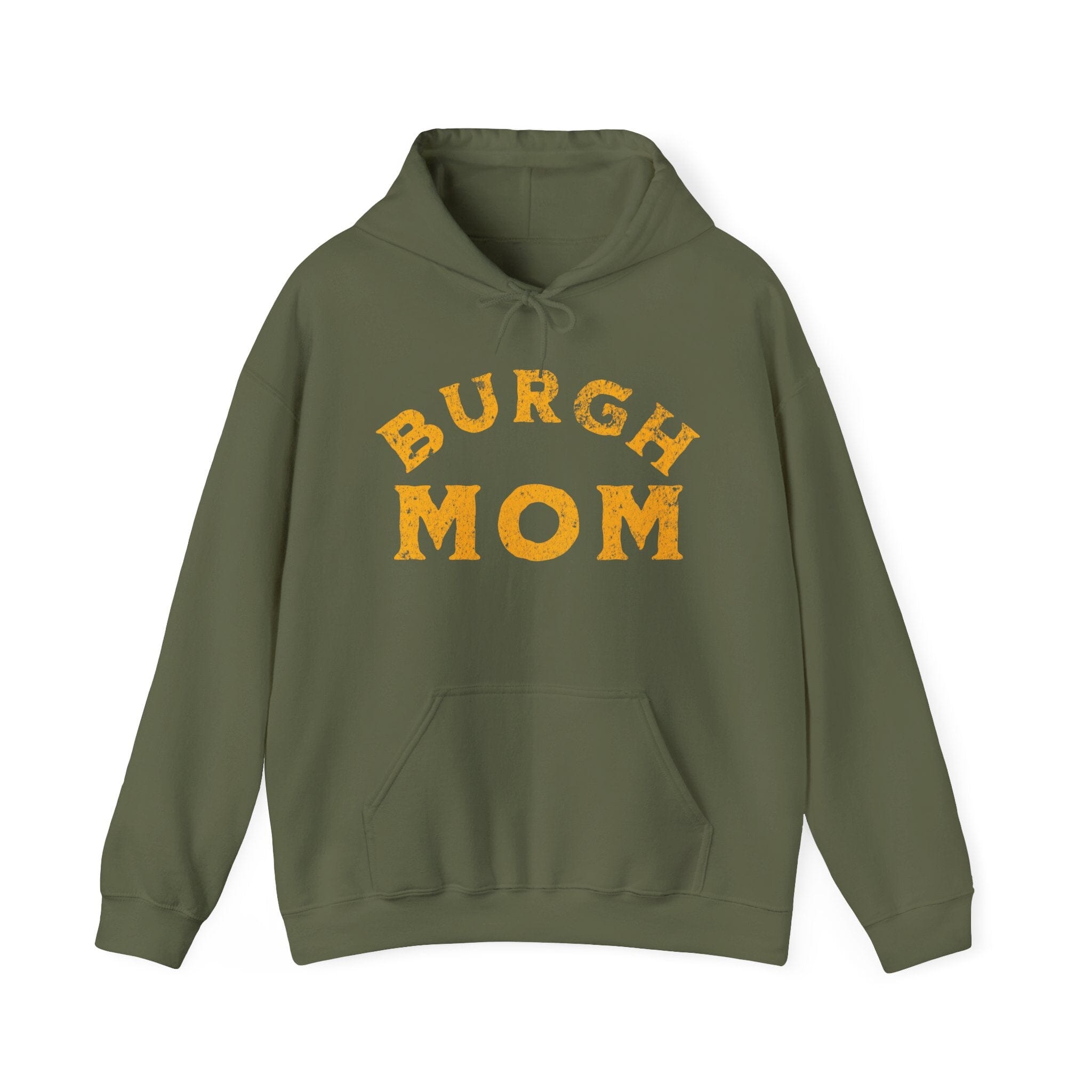 Burgh Mom Hoodie on military green hoodie | Yinzergear