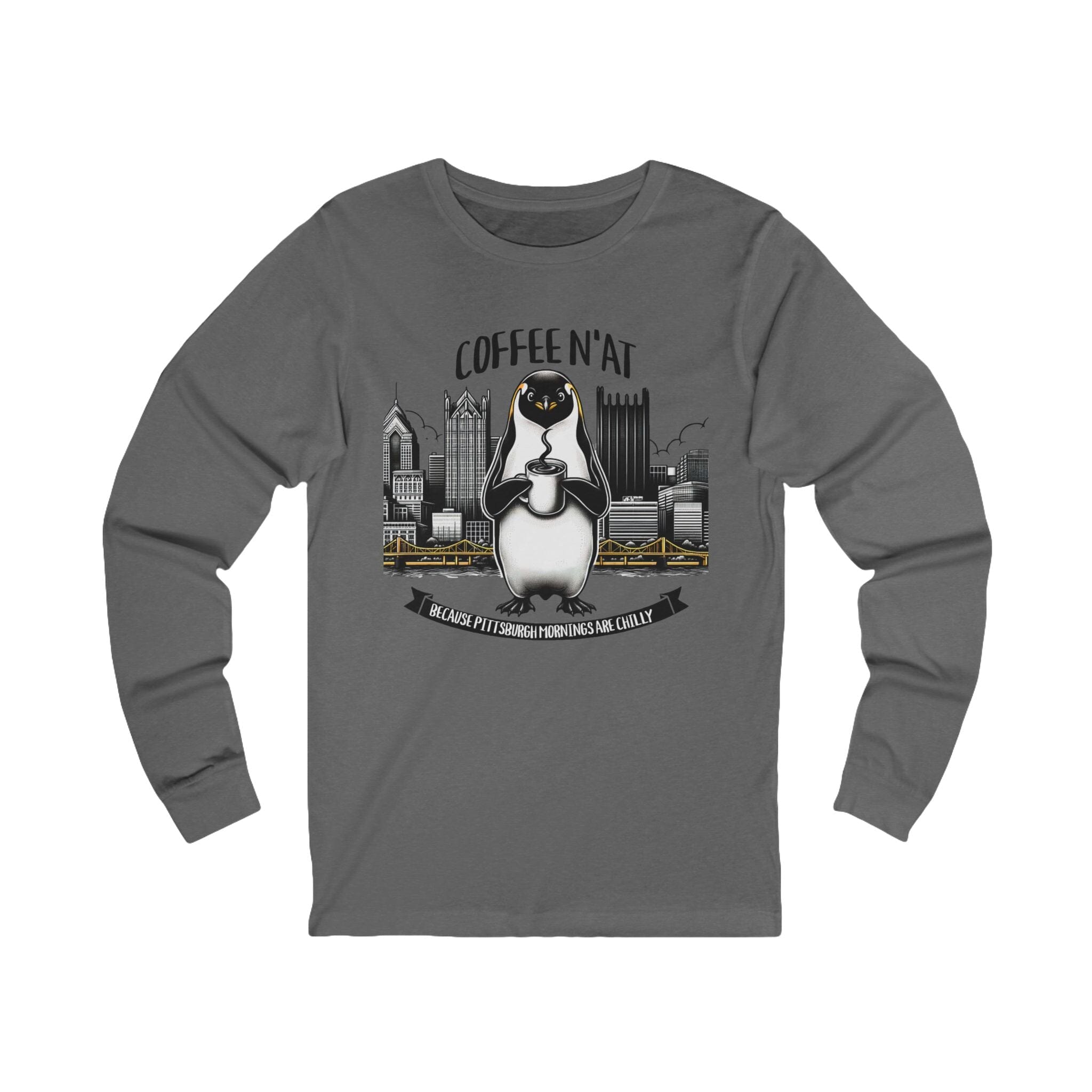 Coffee N'at Long Sleeve Shirt on grey long sleeve shirt mockup view | Yinzergear