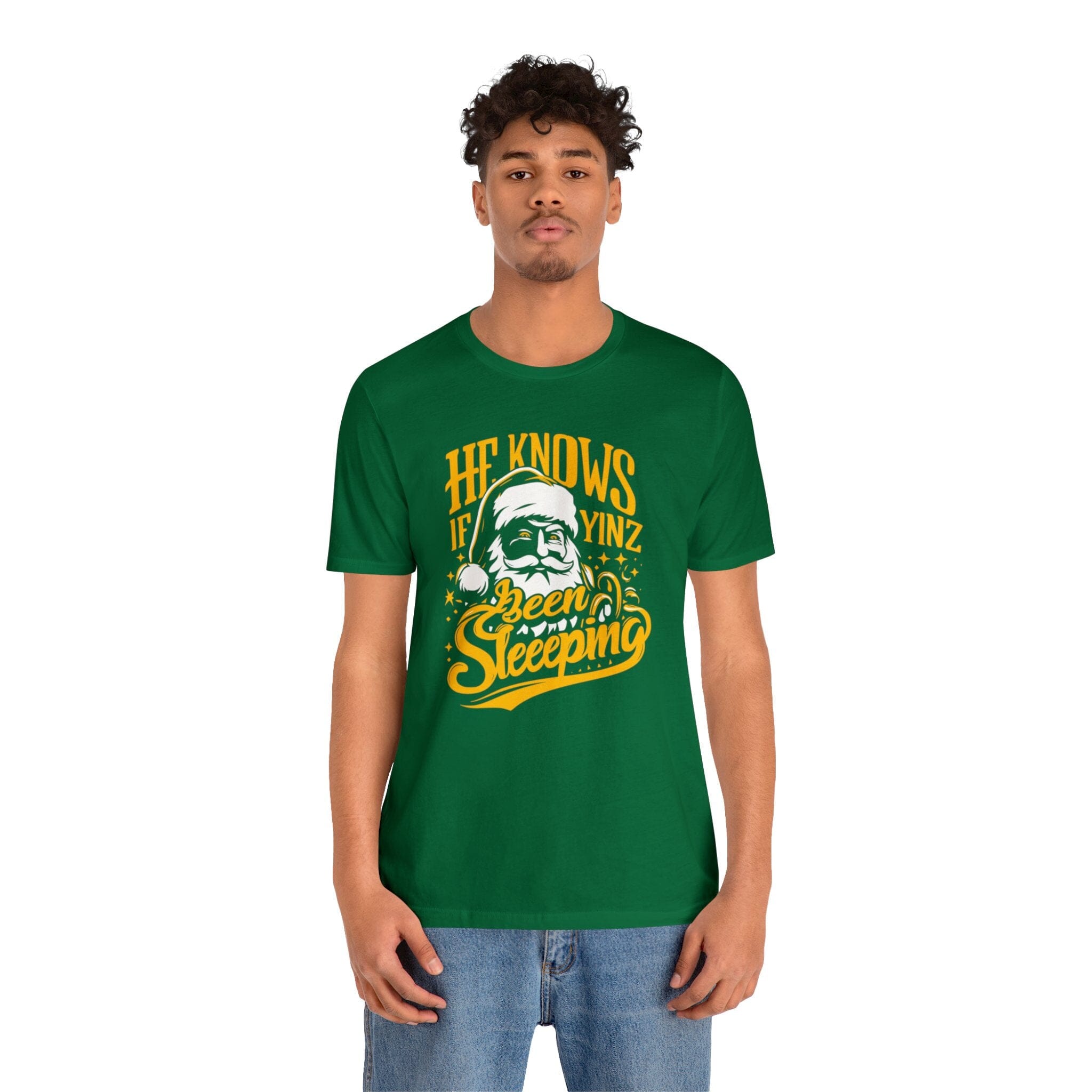 He Knows If Yinz Been Sleeping Christmas T-Shirt Pittsburgh tee product image alternate view 5 | Yinzergear