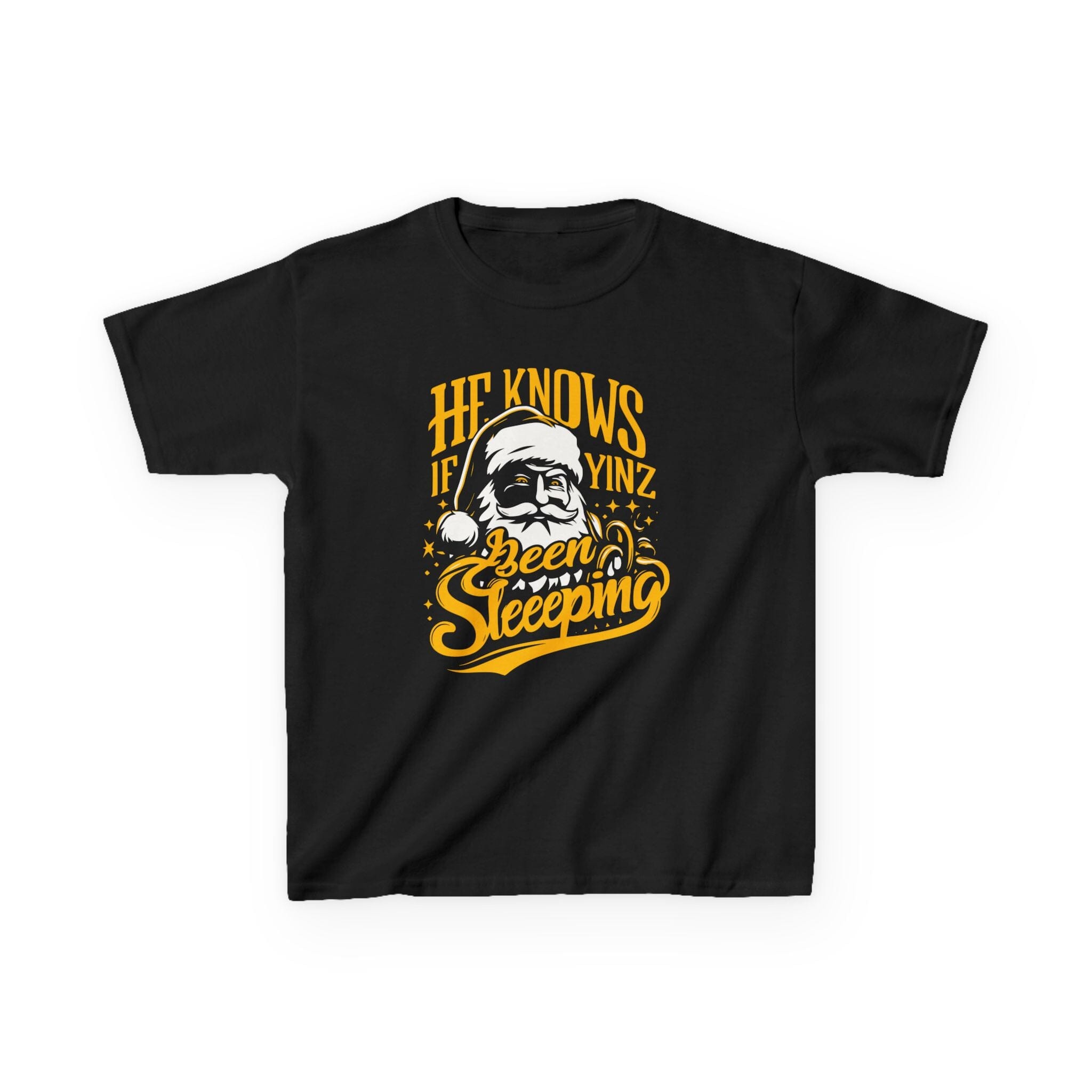 He Knows If Yinz Been Sleeping Kids Christmas T-Shirt on black kids shirt | Yinzergear