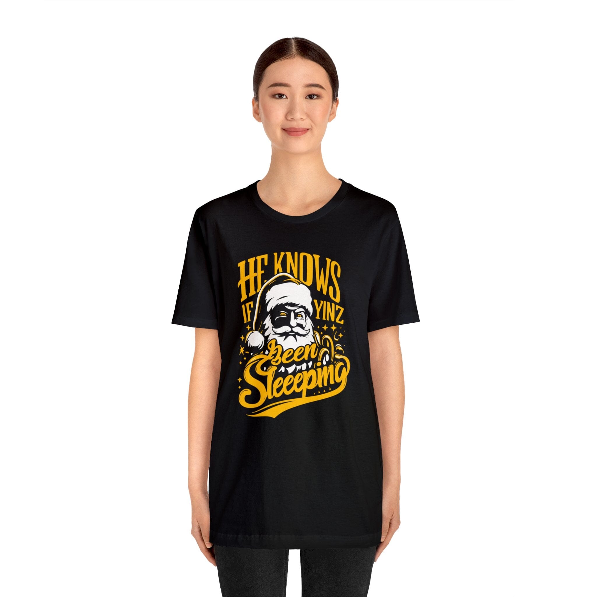 He Knows If Yinz Been Sleeping Christmas T-Shirt Pittsburgh tee product image mockup view | Yinzergear