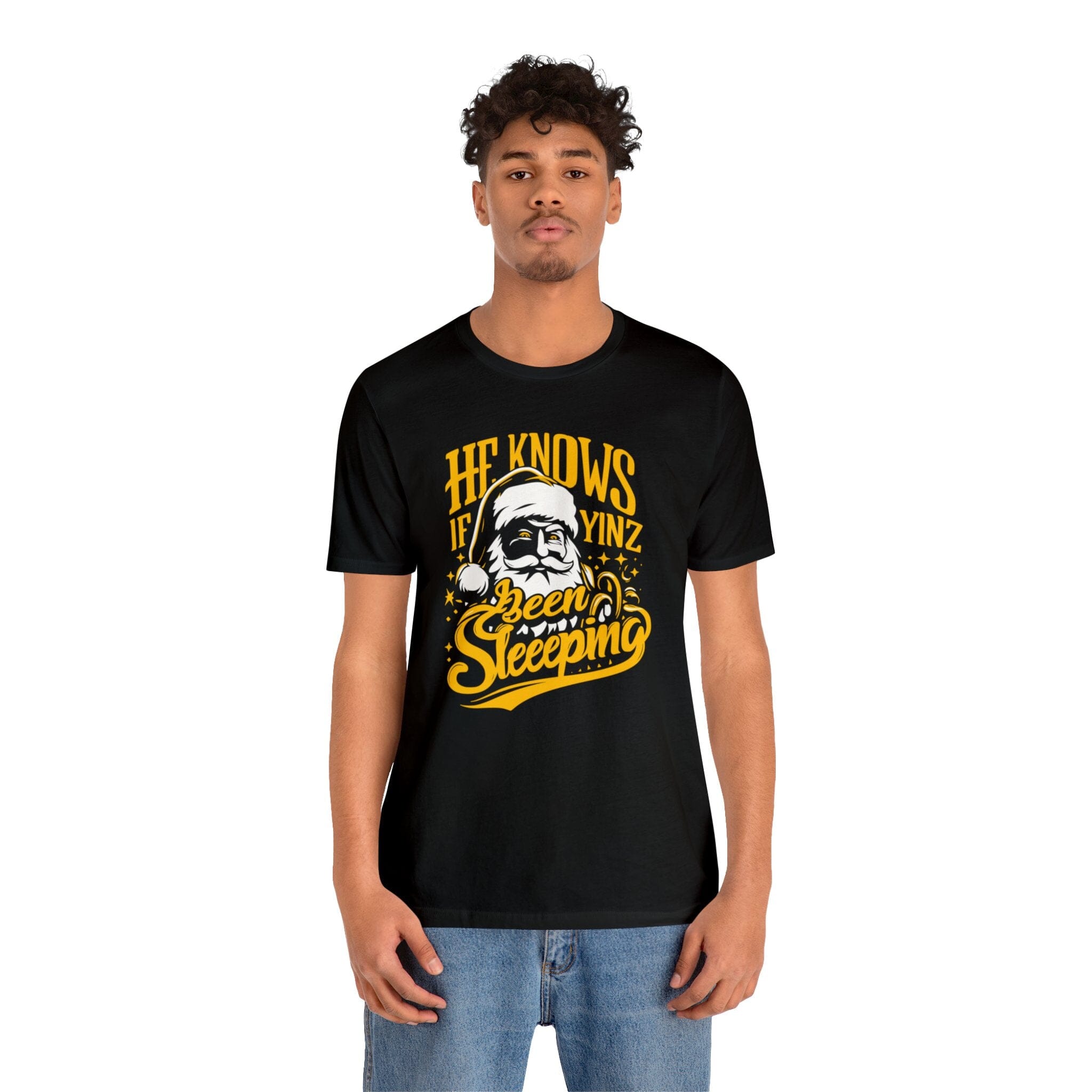He Knows If Yinz Been Sleeping Christmas T-Shirt Pittsburgh tee product image alternate view 3 | Yinzergear