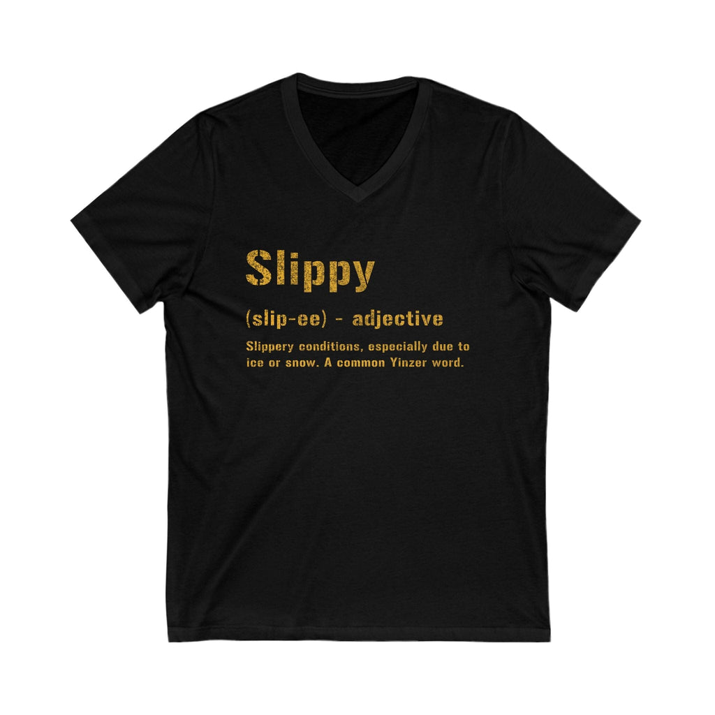 Slippy Pittsburghese V-Neck T-shirt on black v-neck tee | Yinzergear