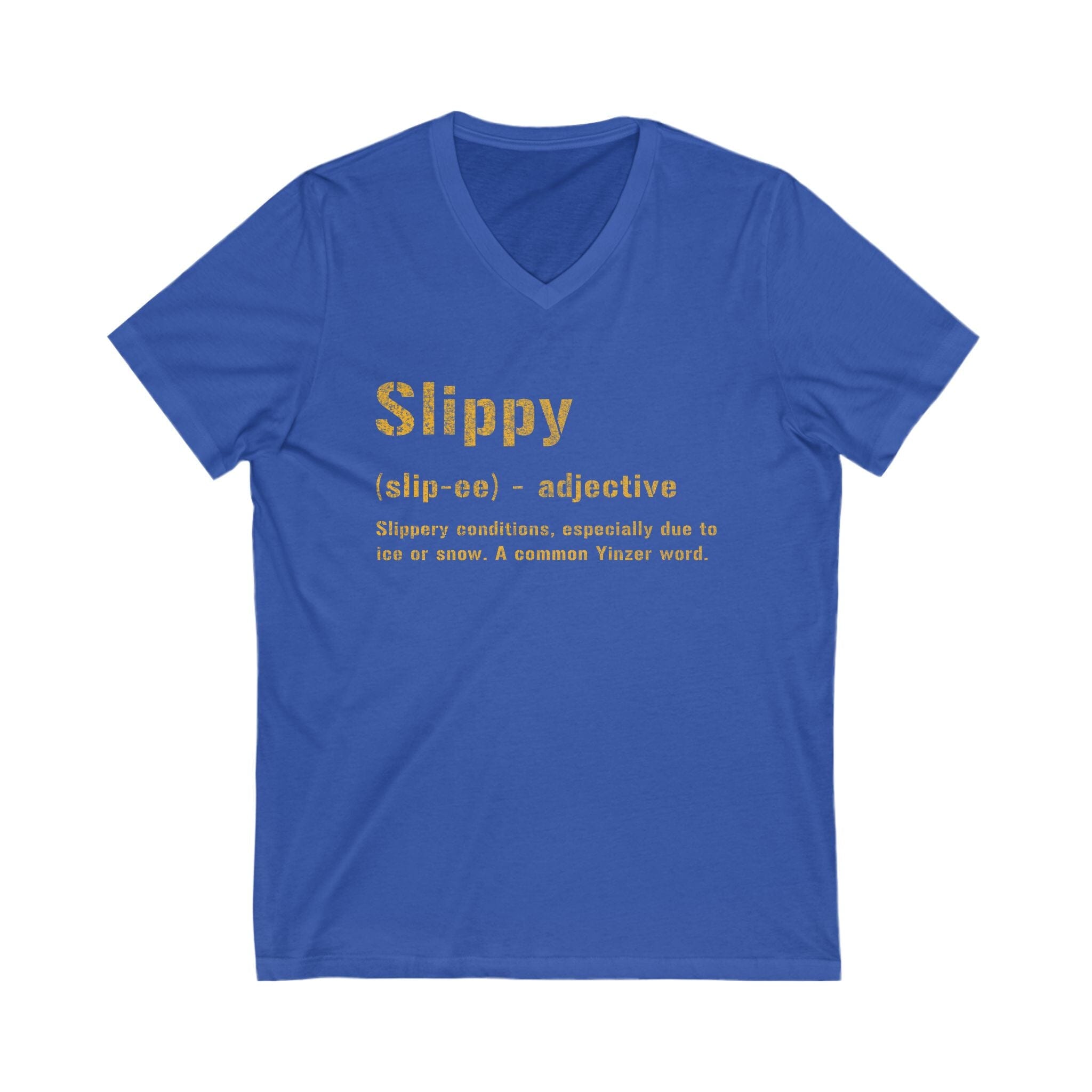 Slippy Pittsburghese V-Neck T-shirt on royal blue v-neck tee | Yinzergear