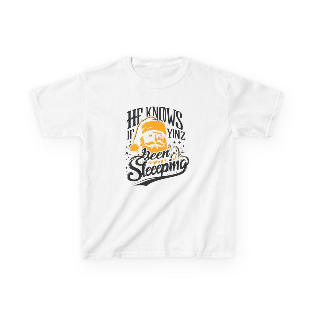 He Knows If Yinz Been Sleeping Kids Christmas T-Shirt on white kids shirt | Yinzergear