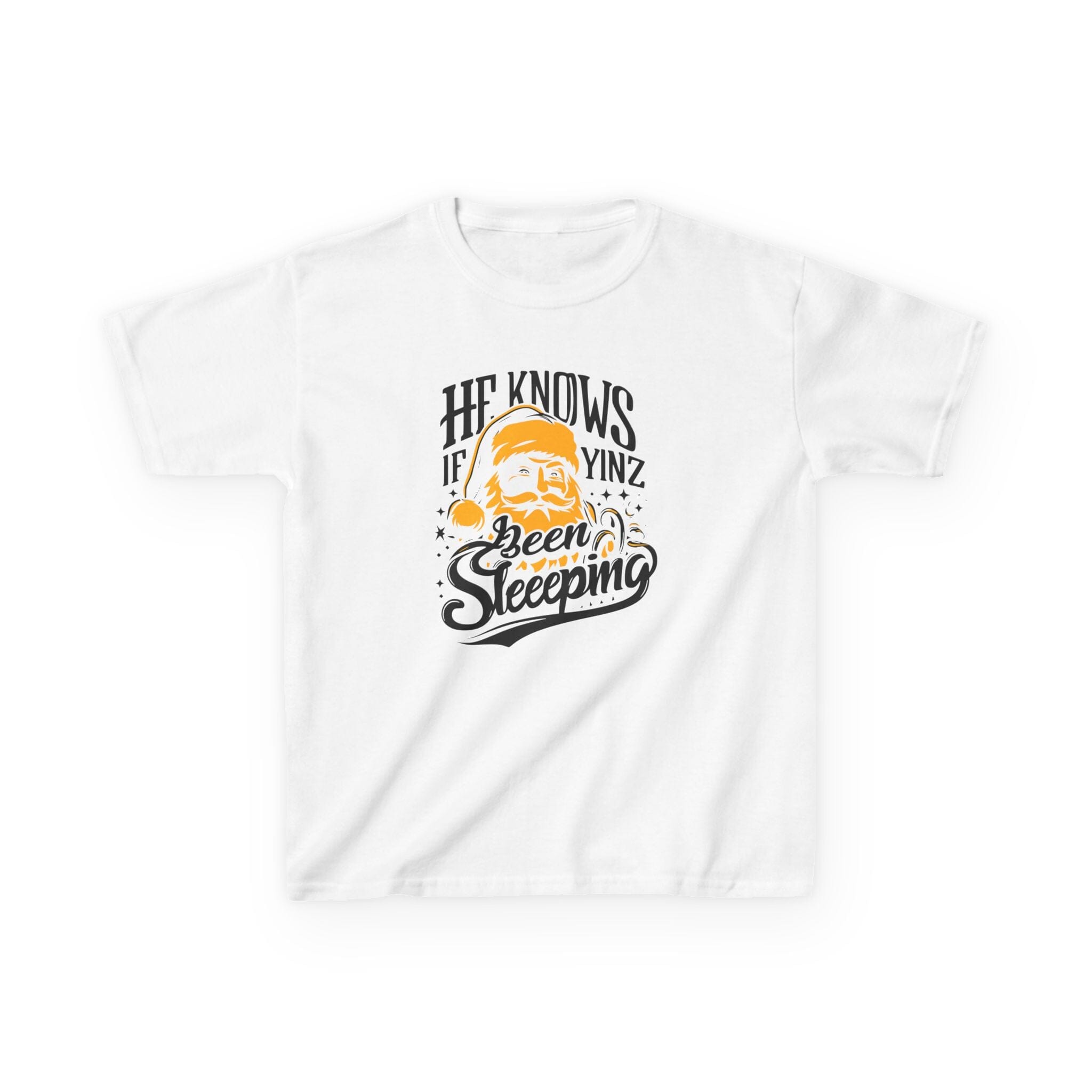 He Knows If Yinz Been Sleeping Kids Christmas T-Shirt on white kids shirt | Yinzergear
