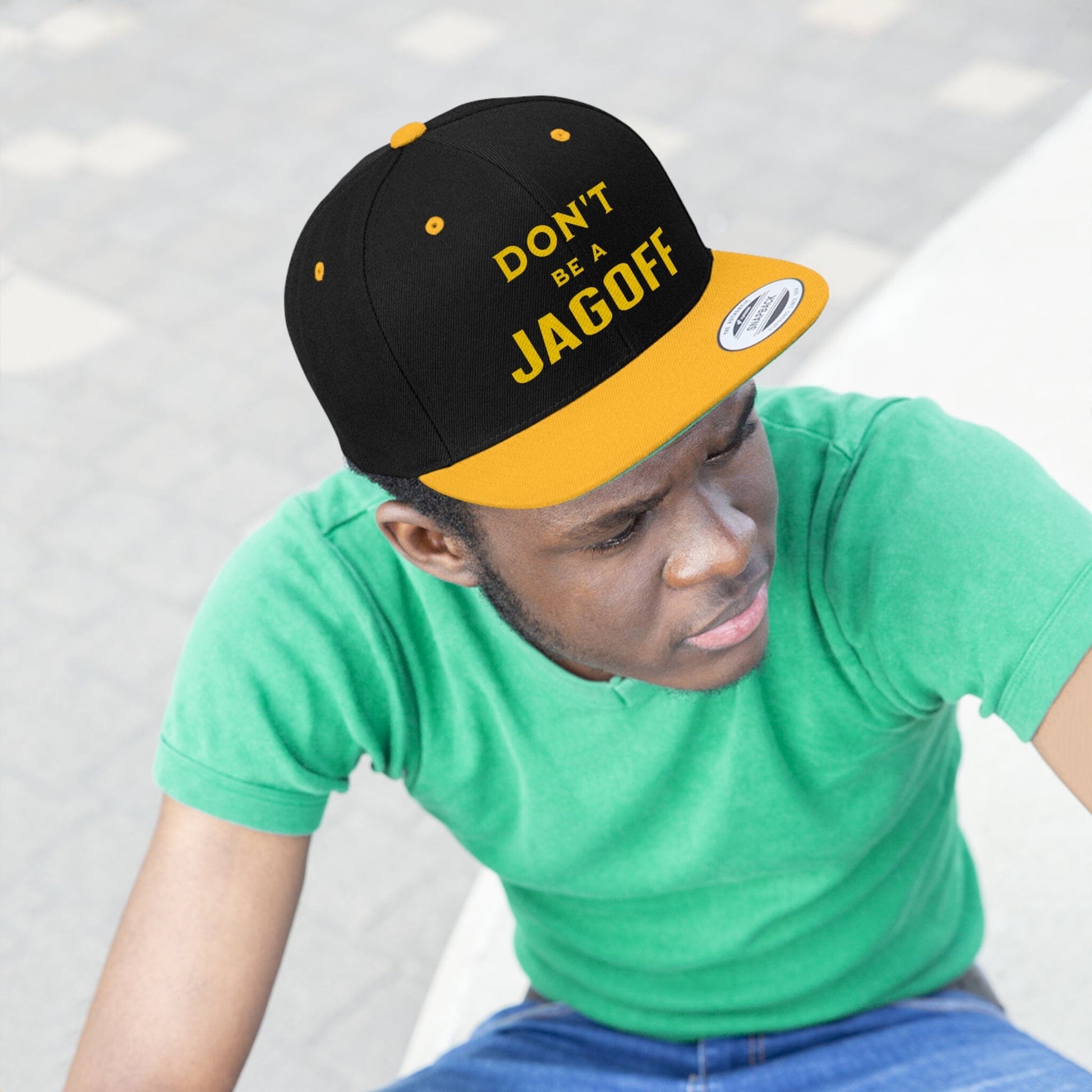 Don't Be a Jagoff Hat Flat Bill Hats Printify Black/Gold One size 