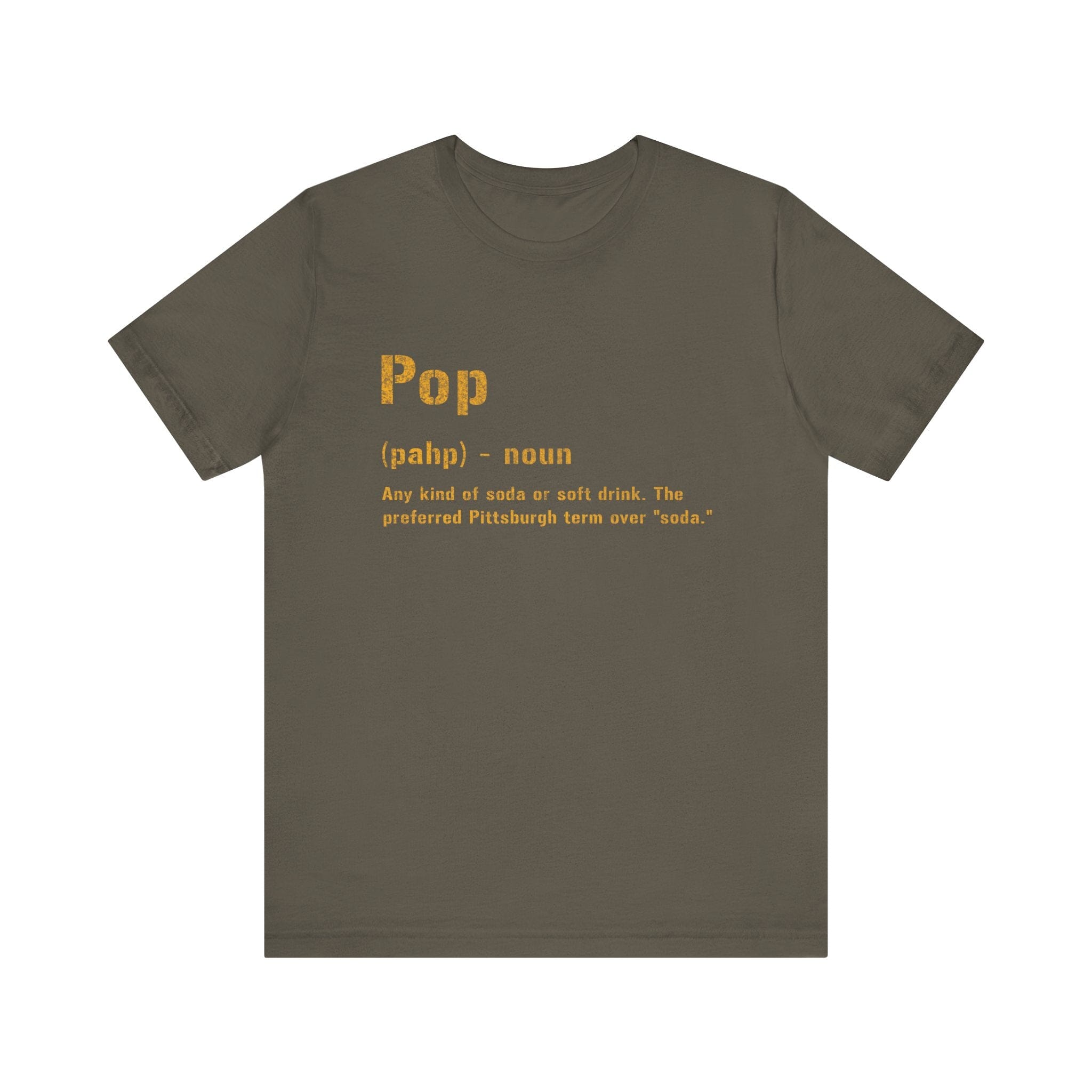 Pop Pittsburghese definition tee on army green tee | Yinzergear