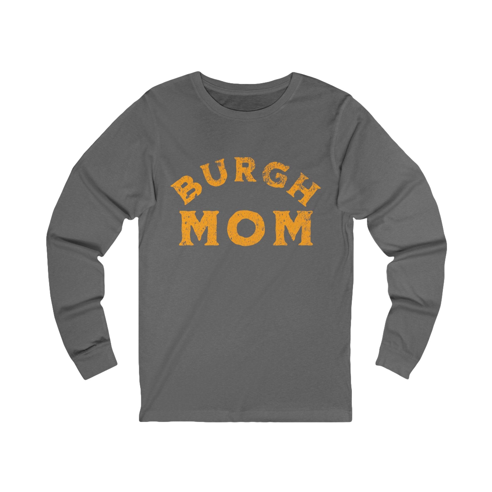 Burgh Mom Long Sleeve Shirt on grey long sleeve shirt mockup view | Yinzergear