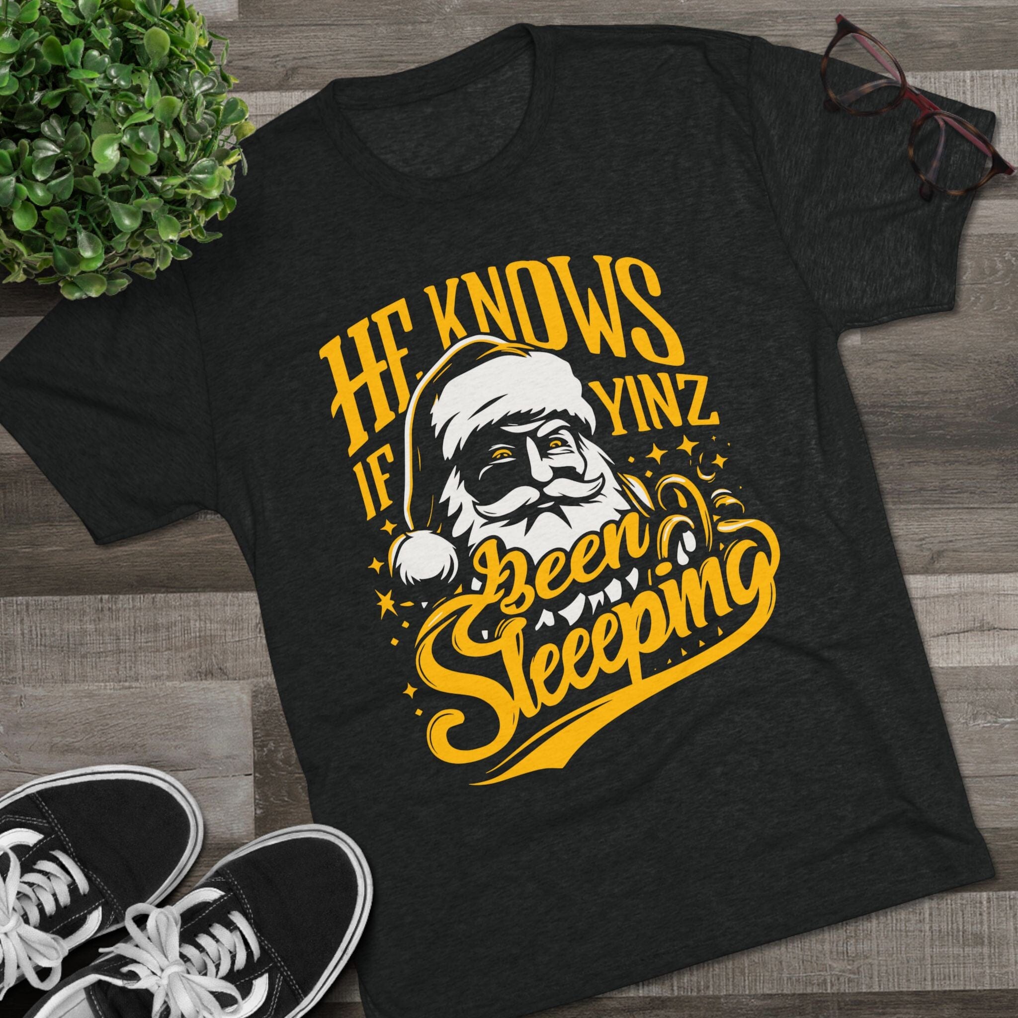 Yinzer Santa Tri-Blend Christmas T-Shirt product image mockup view | Yinzergear